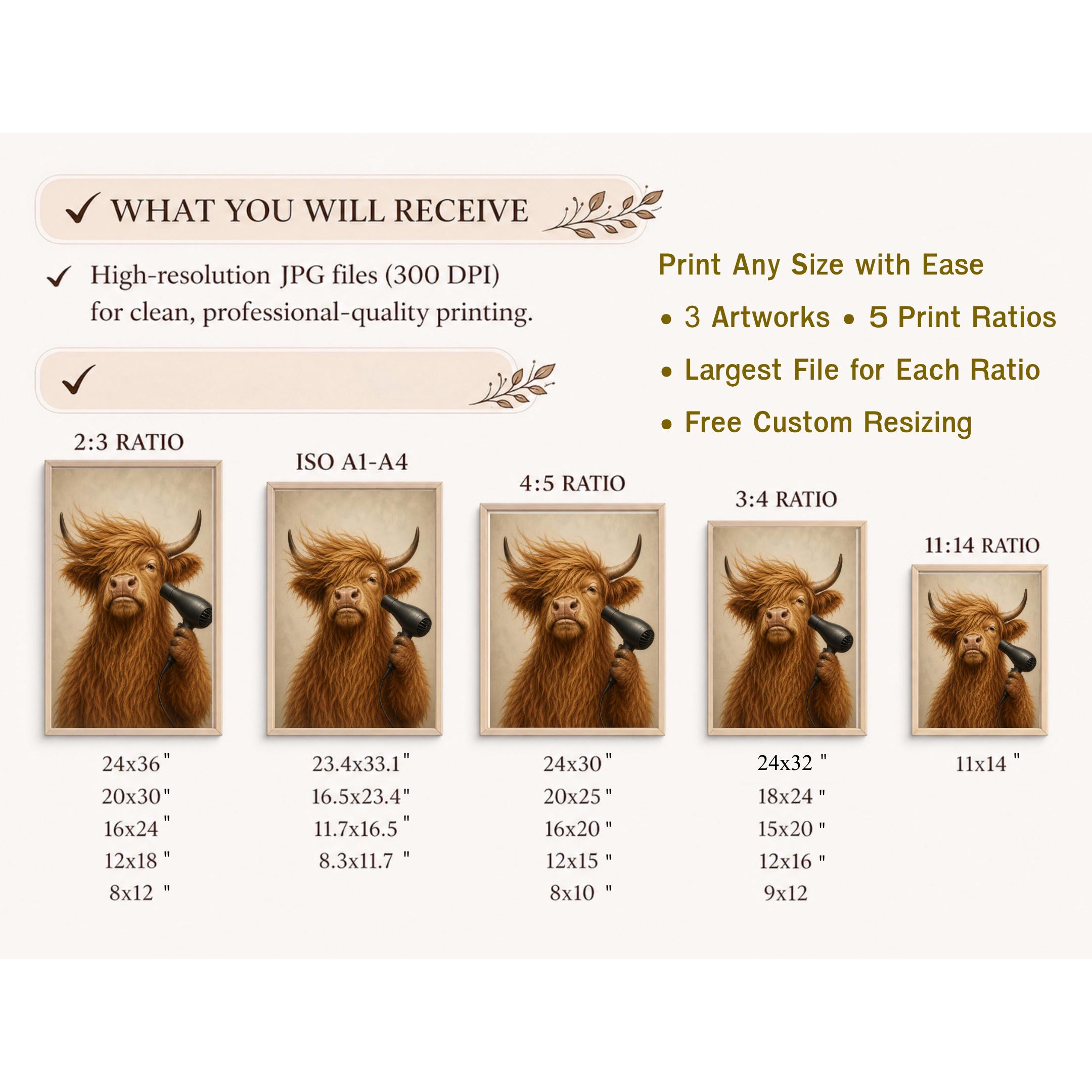 Funny Highland Cow Bathroom Printable Wall Art Set, Three Grooming Decor Prints Digital Download — image 9