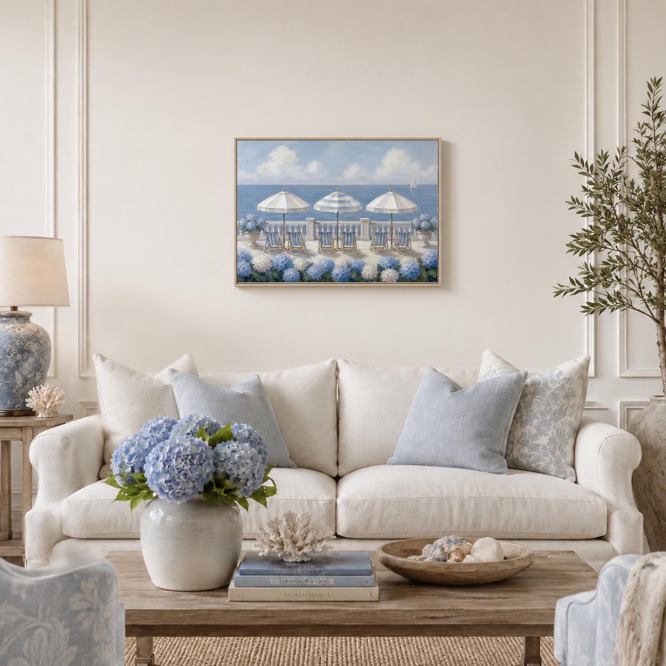 Summer Beach House Print, Coastal Hydrangea Wall Art, Blue White Seaside Decor (Digital Download) — image 5