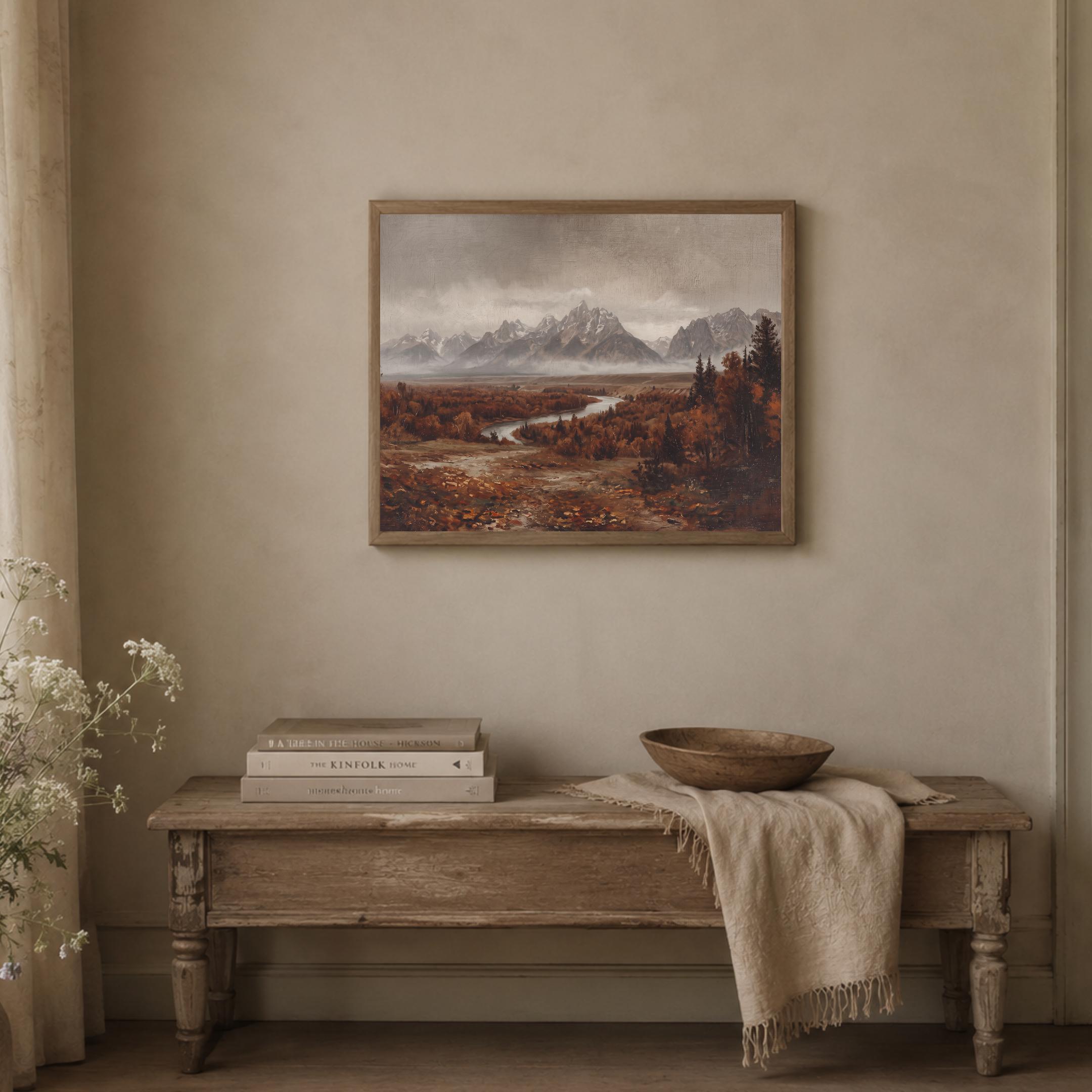 Mountain River Wall Art | Grand Teton Inspired Fall Print | Moody Vintage Landscape Digital Download — image 4