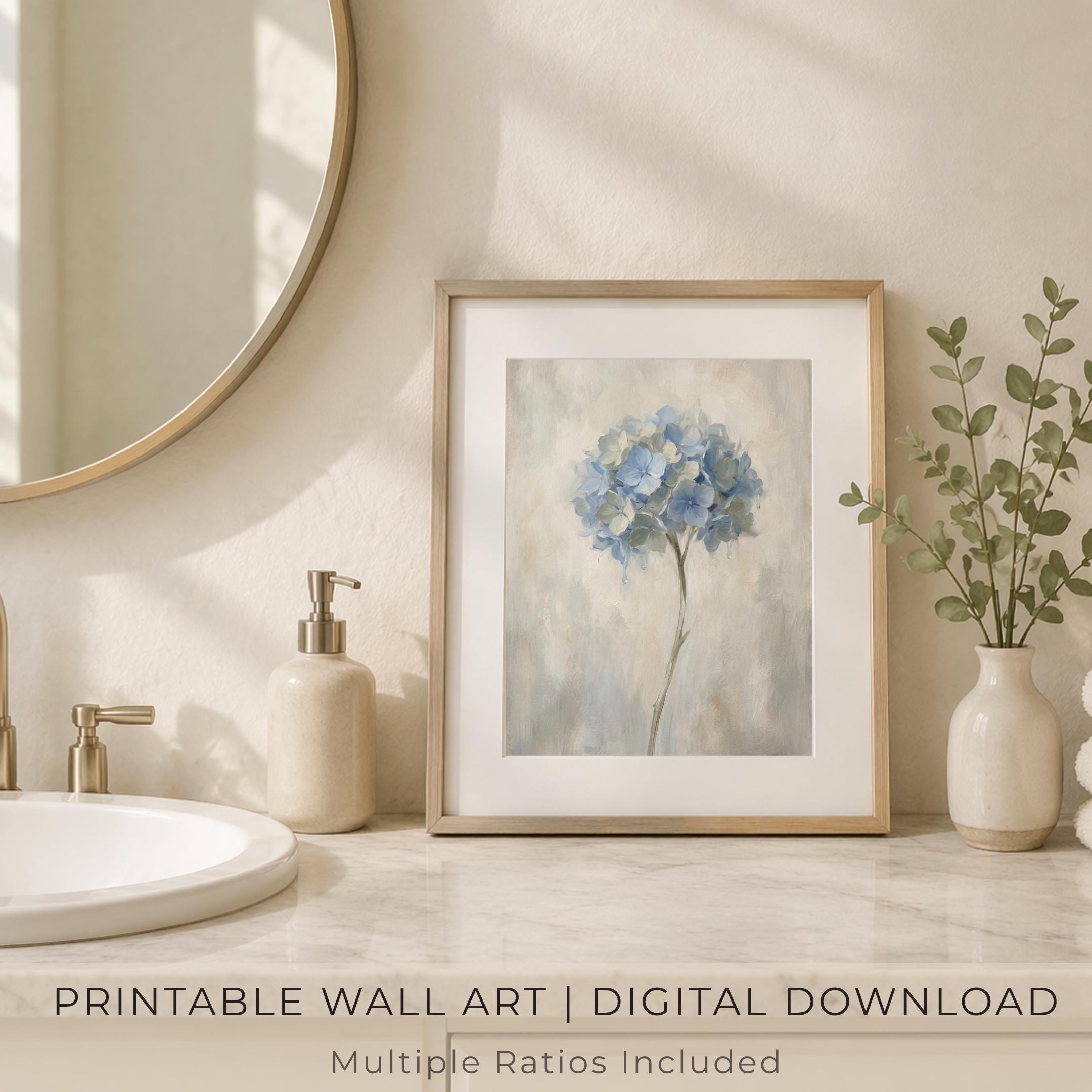 Soft Painting Blue Hydrangea Wall Art | Neutral Floral Print  (Digital Download) — image 7