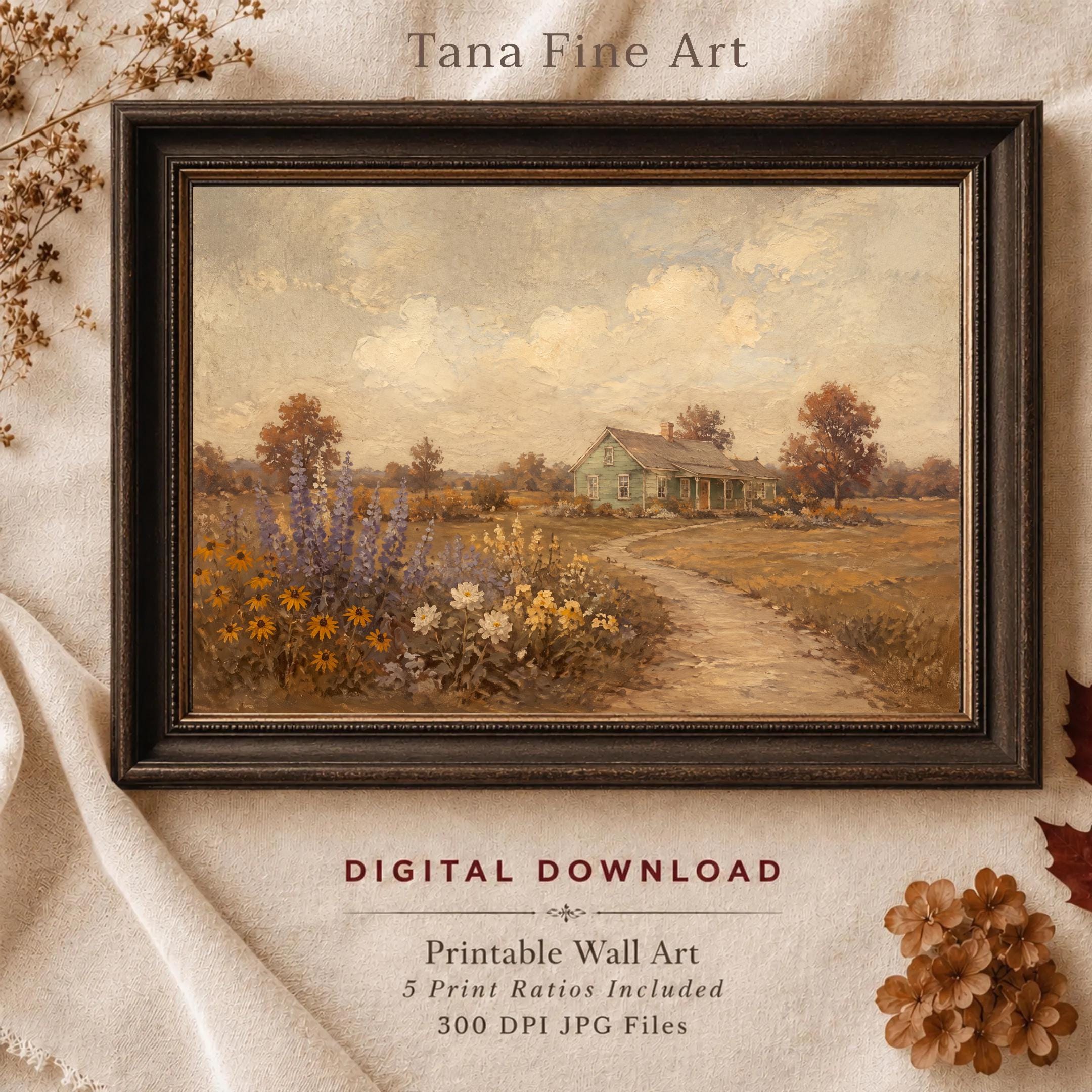 Vintage Fall Garden Printable Wall Art, Rustic Green Cottage Landscape, Autumn Farmhouse, Digital Download