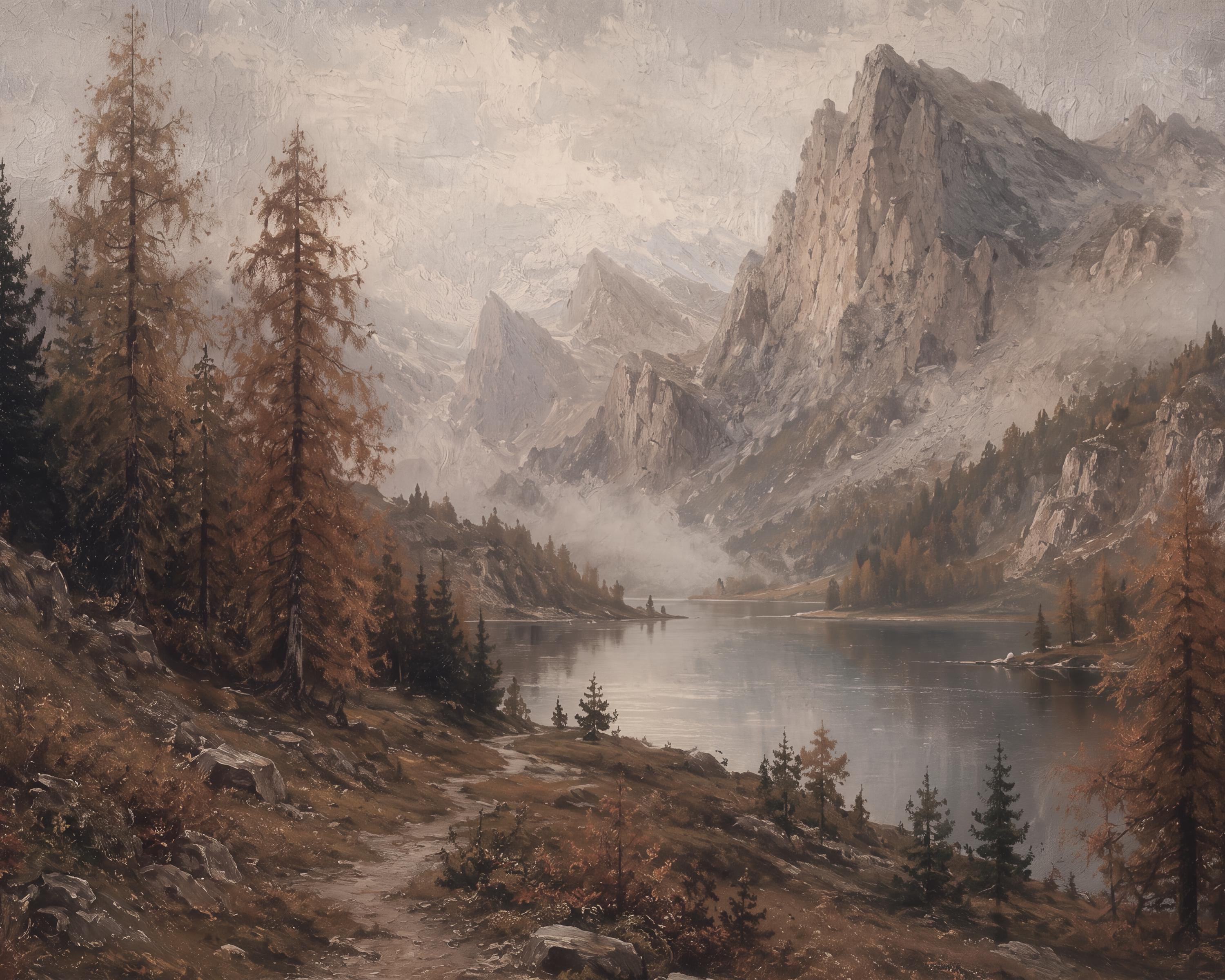 Mountain Lake Wall Art | Moody Alpine Landscape Print | Vintage Fall Nature Printable Digital Download — image 2