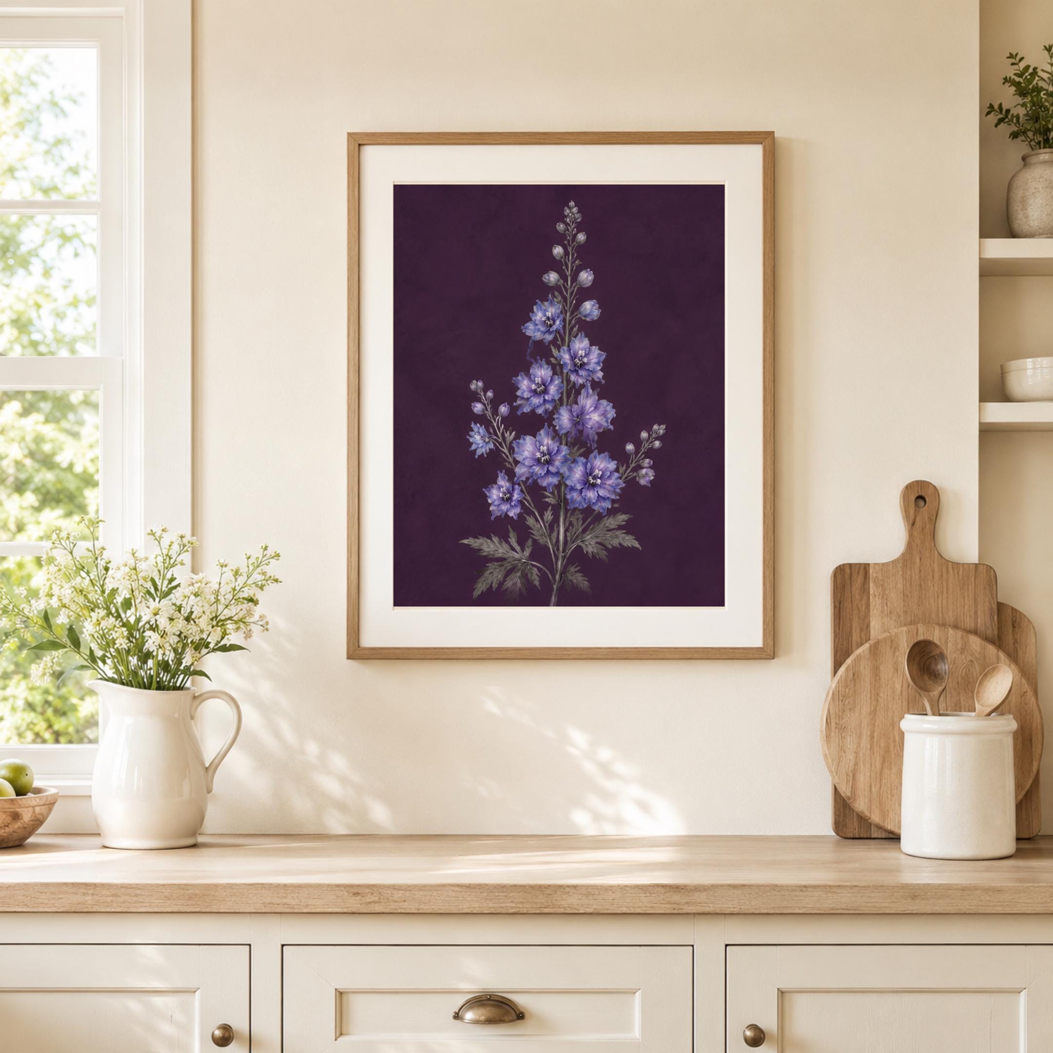 Dark July Birth Flower Print | Larkspur Wall Art | Dark Botanical Digital Download — image 4