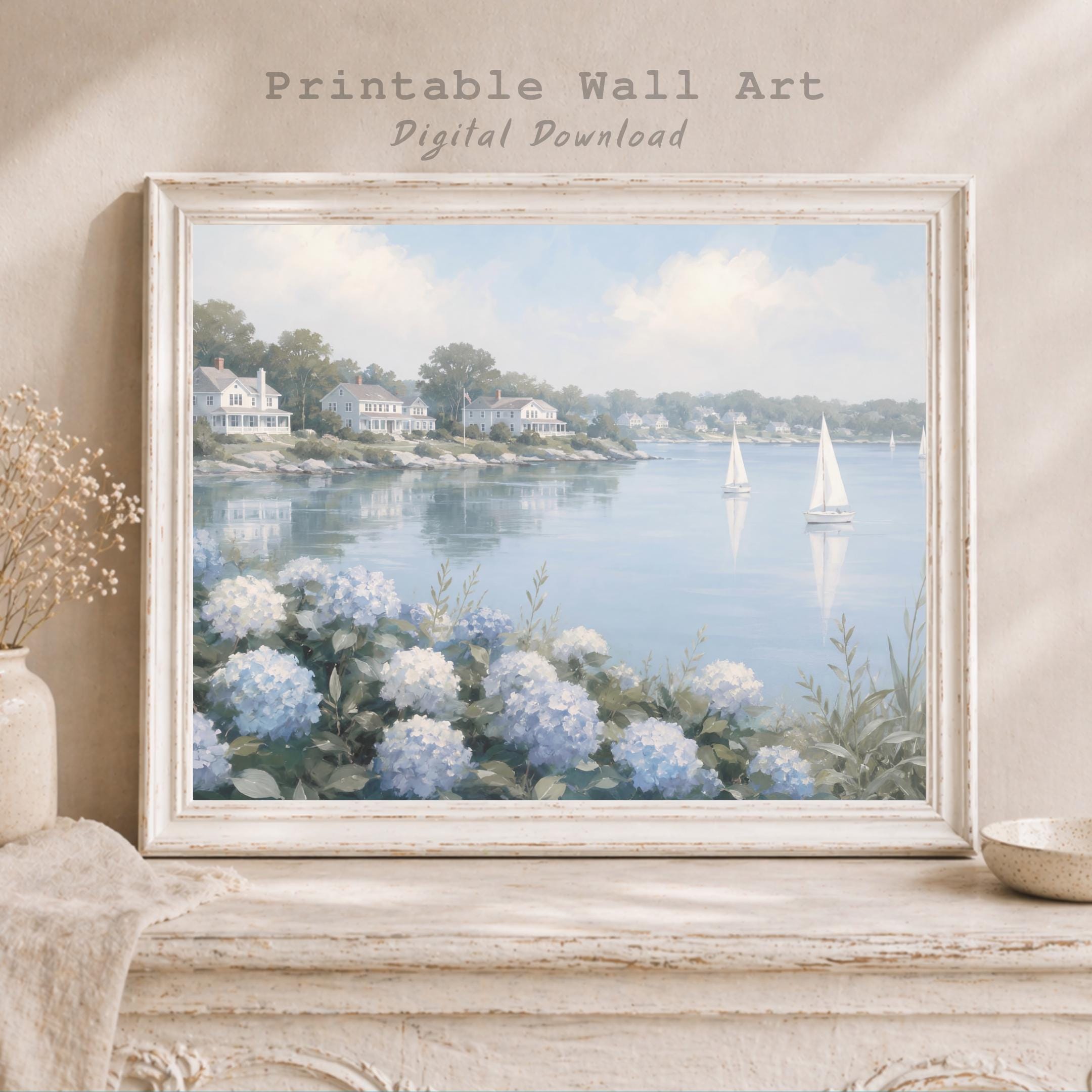 Summer Coastal Hydrangea Sailboat Printable Wall Art, Blue Seaside Cottage Home Decor Digital Download