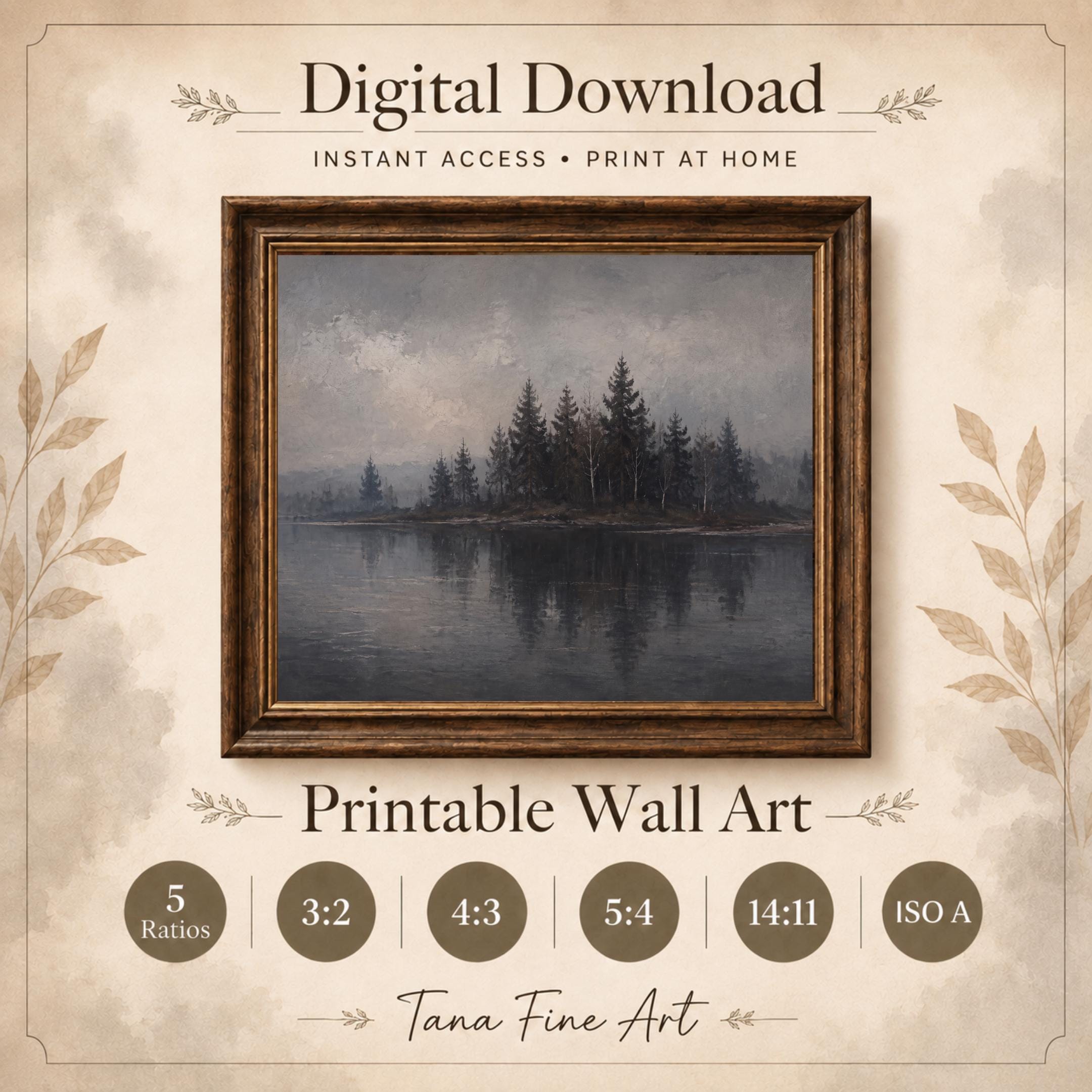 Moody Forest Lake Printable Wall Art, Vintage Woodland Landscape, Dark Academia Rustic Cabin Decor — image 6