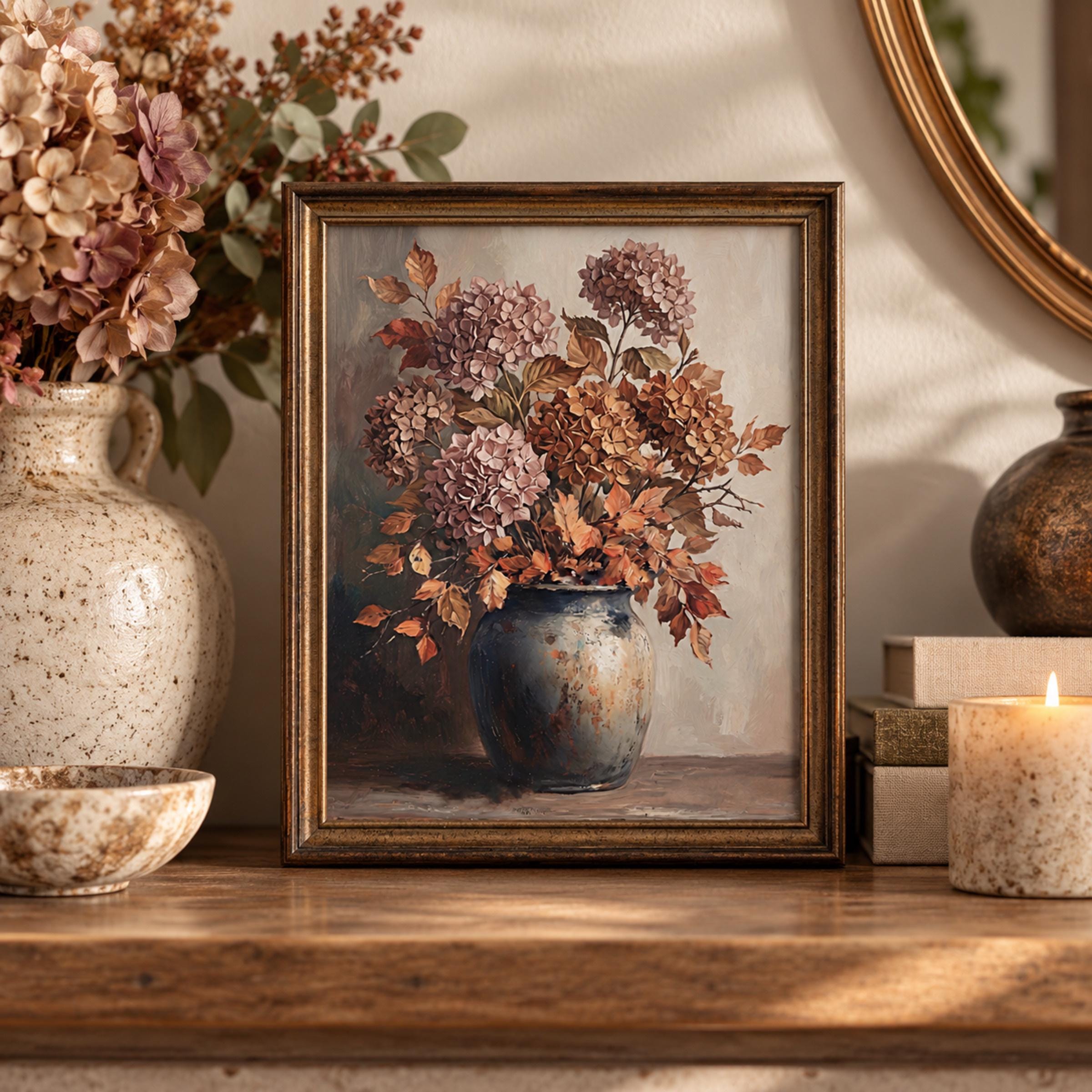 Hydrangea Fall Wall Art, Mauve Autumn Floral Vase, Moody Cottage Still Life (Digital Download) — image 3
