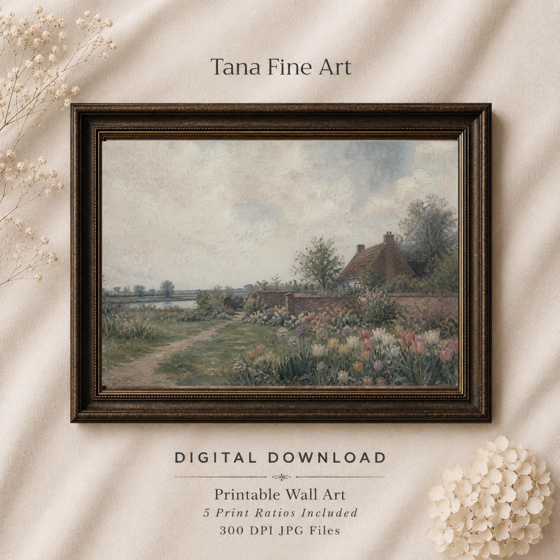 Vintage Dutch Tulip Garden Wall Art, Spring Cottage Landscape, Floral Country Decor, Digital Download