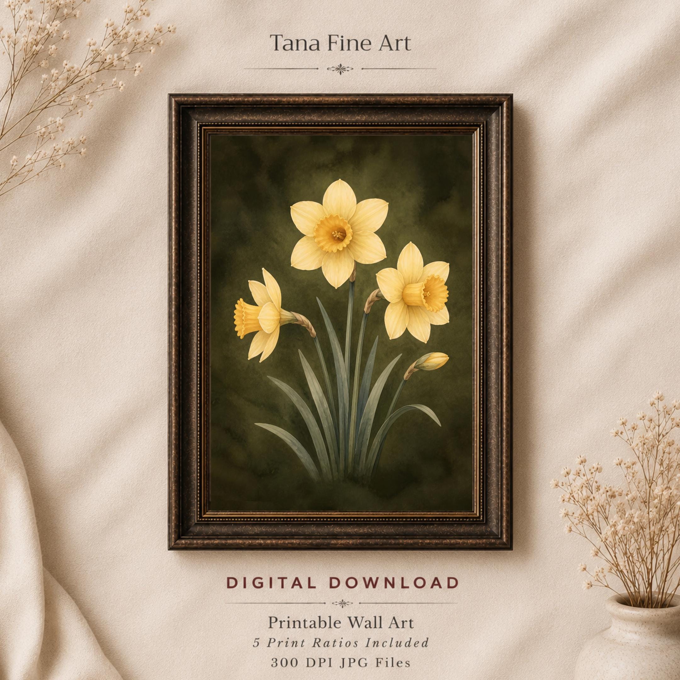 Moody March Birth Flower Print | Daffodil Wall Art | Vintage Botanical Digital Download — image 8
