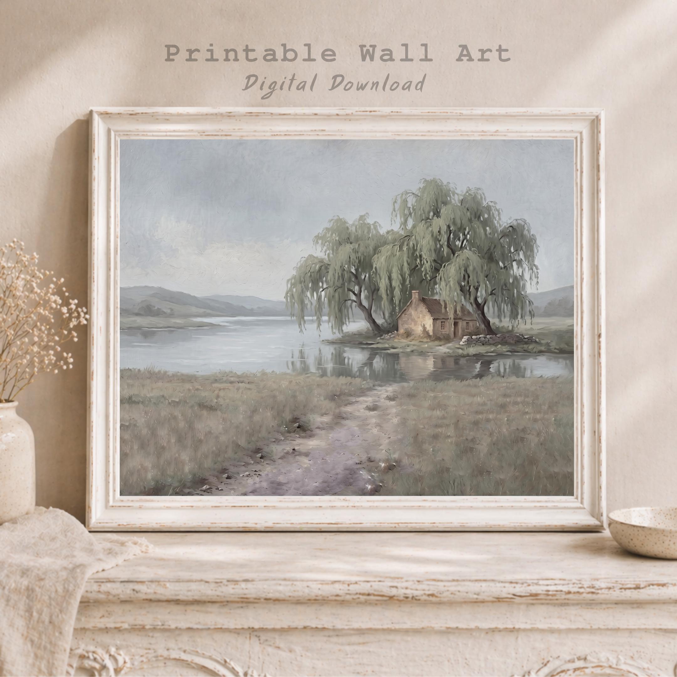 Cottage Lake Landscape Wall Art, Rustic Willow Tree Farmhouse Print (Digital Download) — image 3