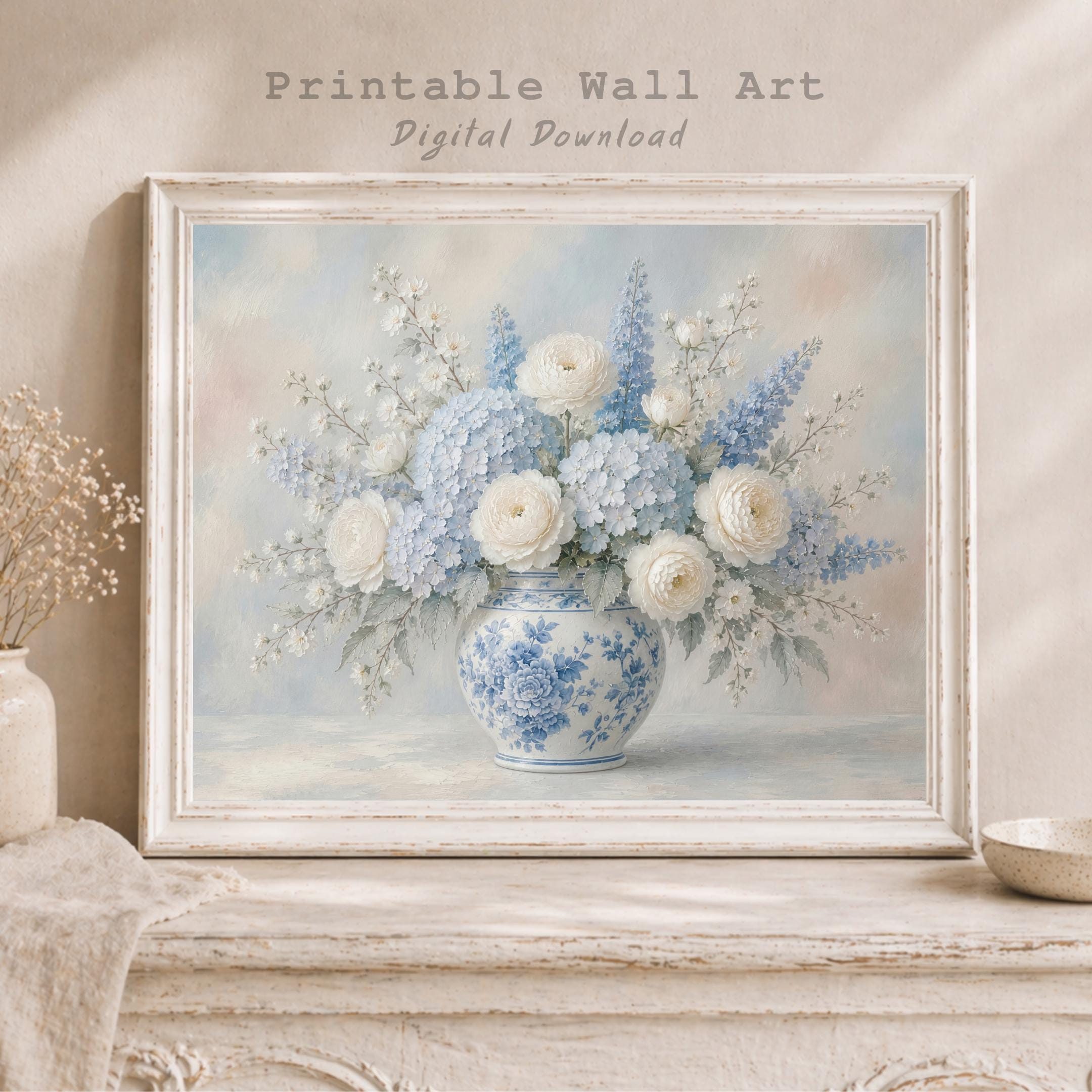 Blue White Floral Vase Print, Vintage Cottage Flower Decor, Chinoiserie Vase Art (Digital Download) — image 5