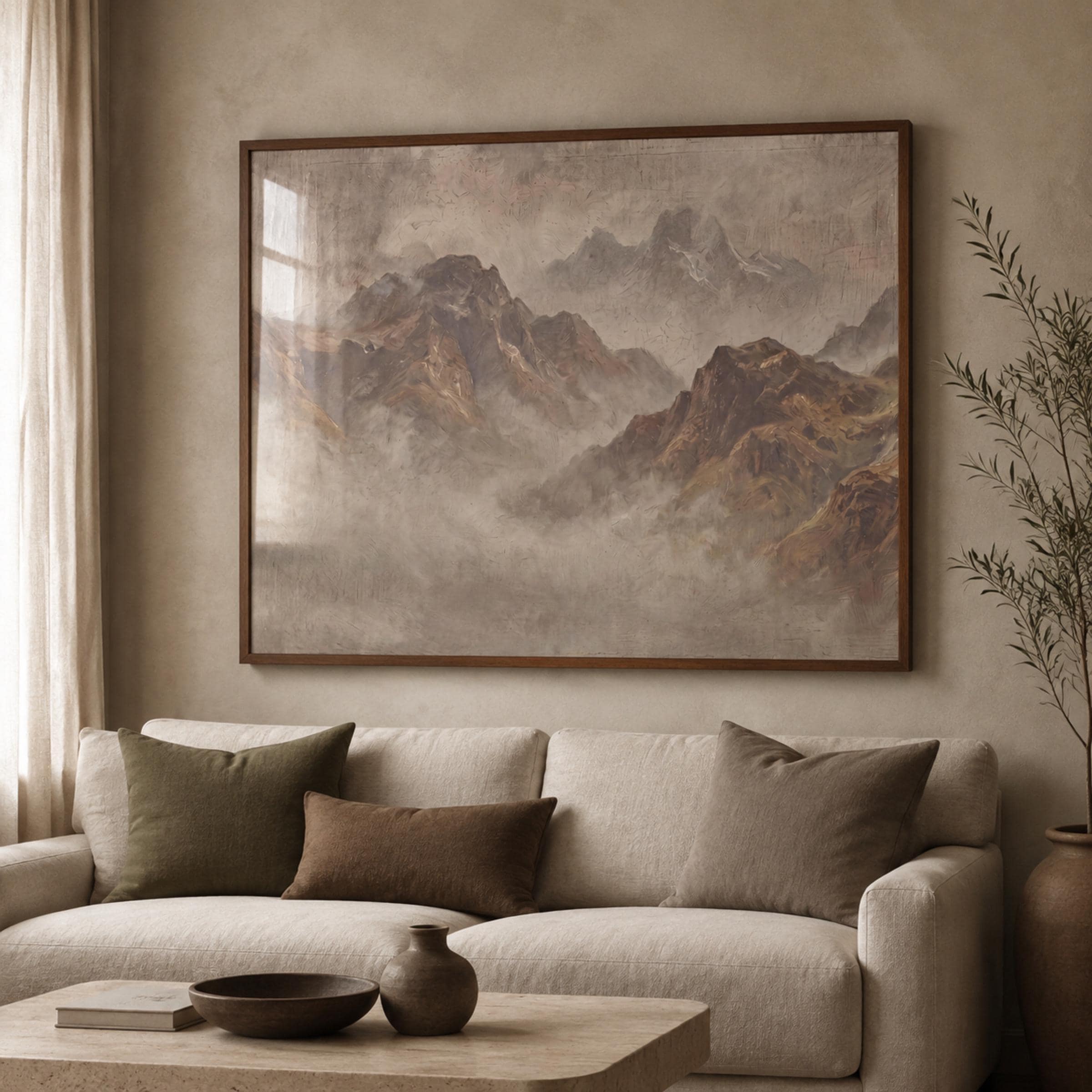 Vintage Misty Mountain Wall Art, Neutral Alpine Landscape, Earthy Rustic Cabin Decor, Digital Download — image 4