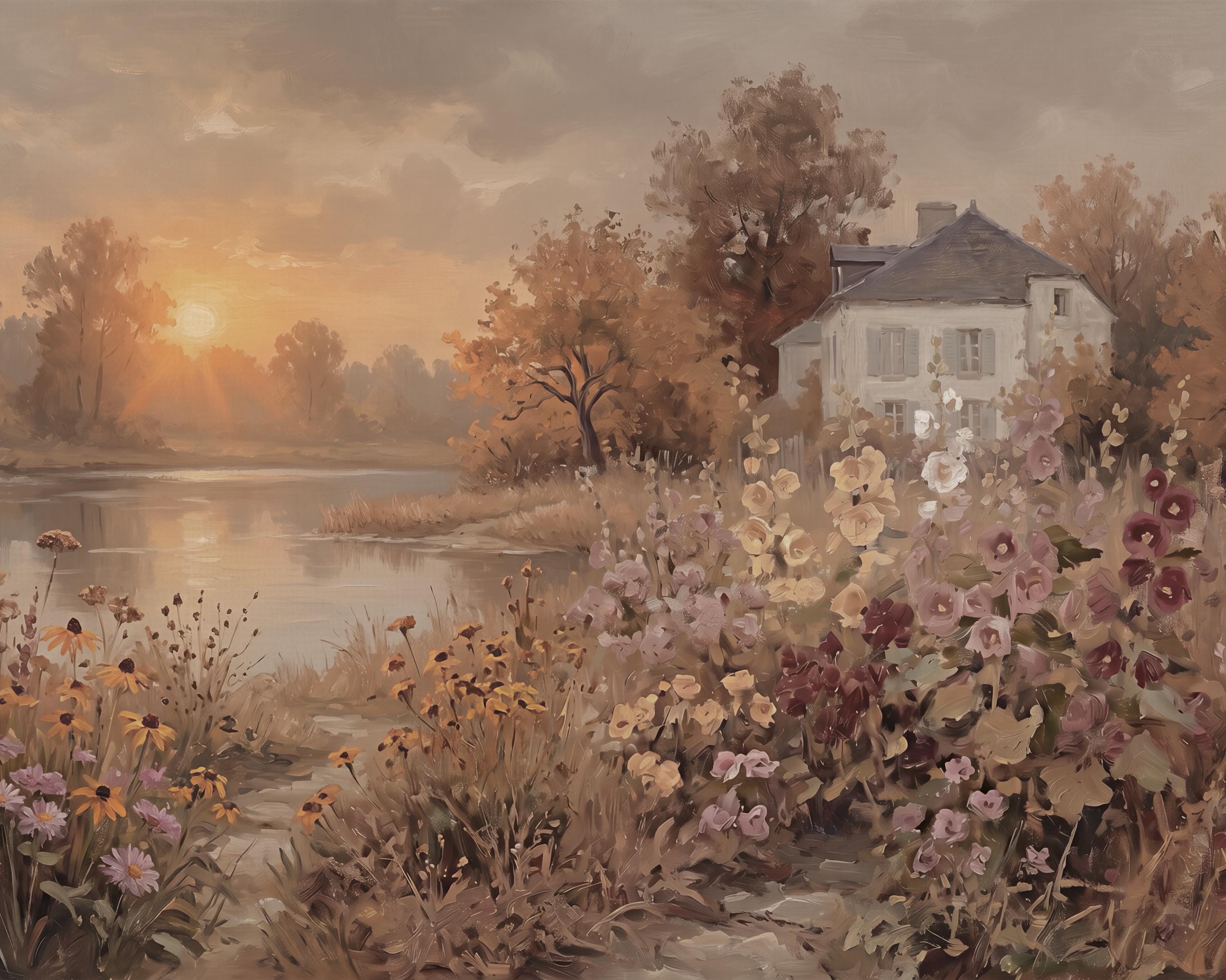 Fall Cottage Lake Wall Art, Autumn Floral Landscape Print, Rustic Farmhouse Decor (Digital Download) — image 2