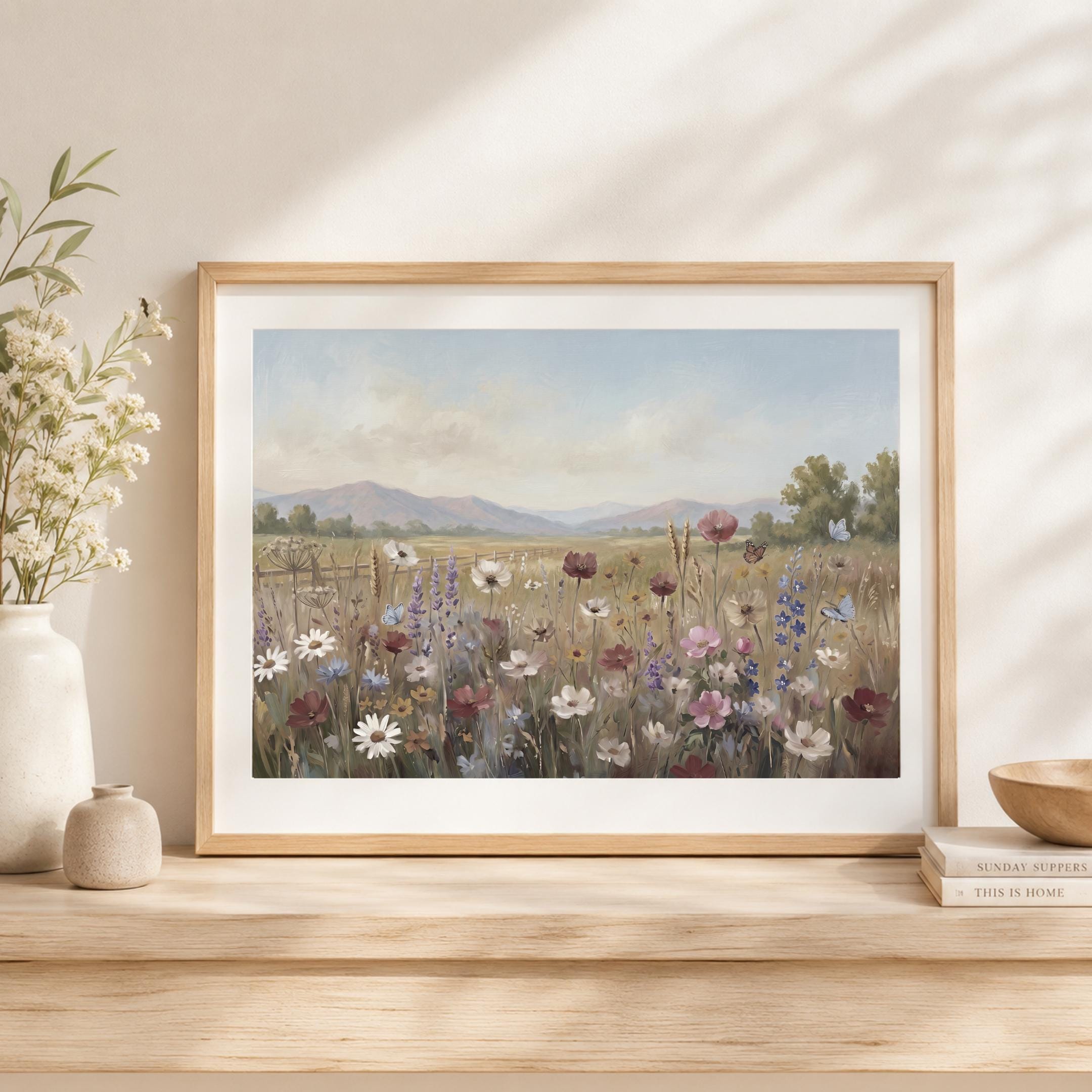 Floral Landscape Print, Cottage Meadow Wall Art, Summer Wildflower and Butterfly Print (Digital Download) — image 6