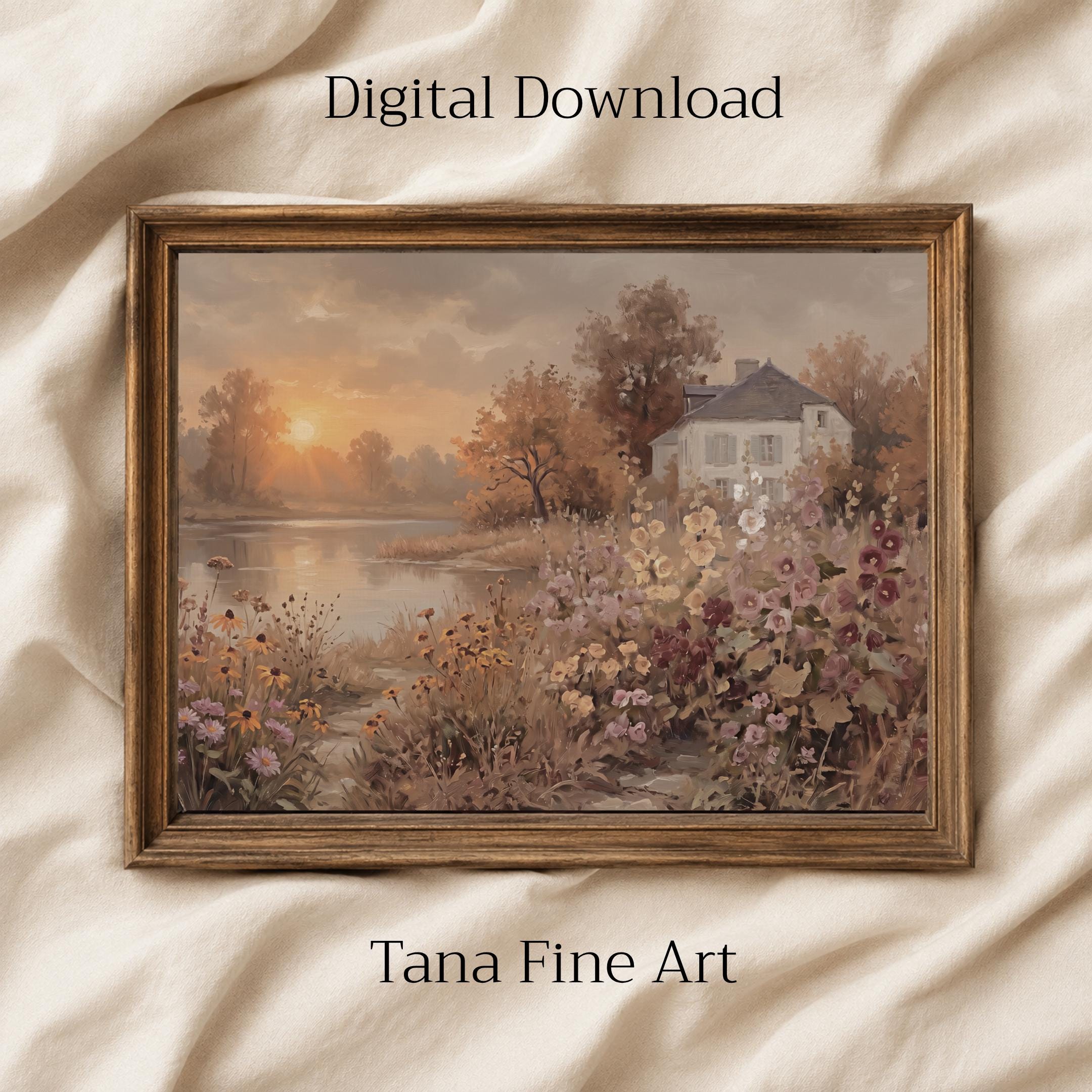 Fall Cottage Lake Wall Art, Autumn Floral Landscape Print, Rustic Farmhouse Decor (Digital Download)