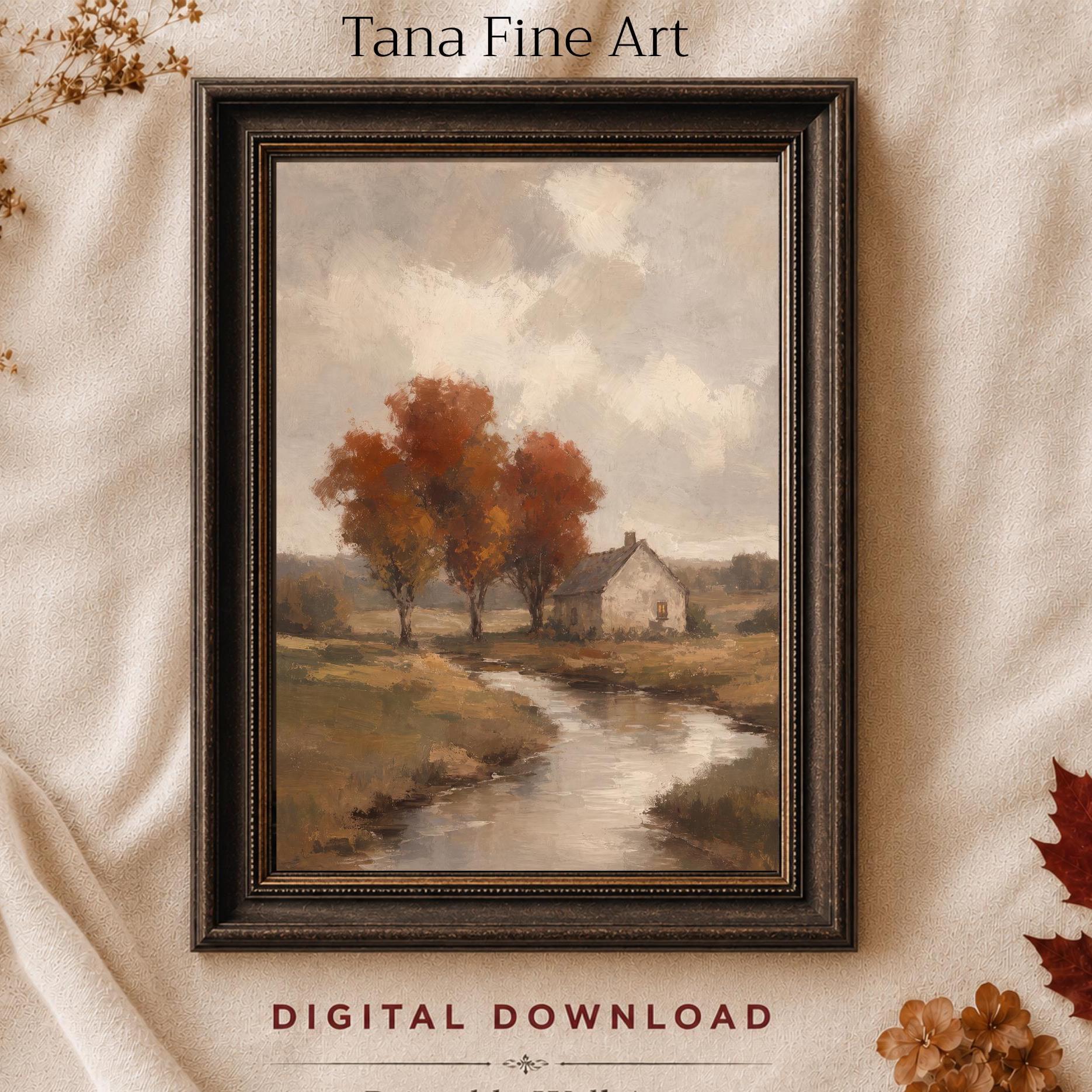 Fall Cottage Printable Wall Art, Autumn Creek Landscape Rustic Farmhouse Digital Download