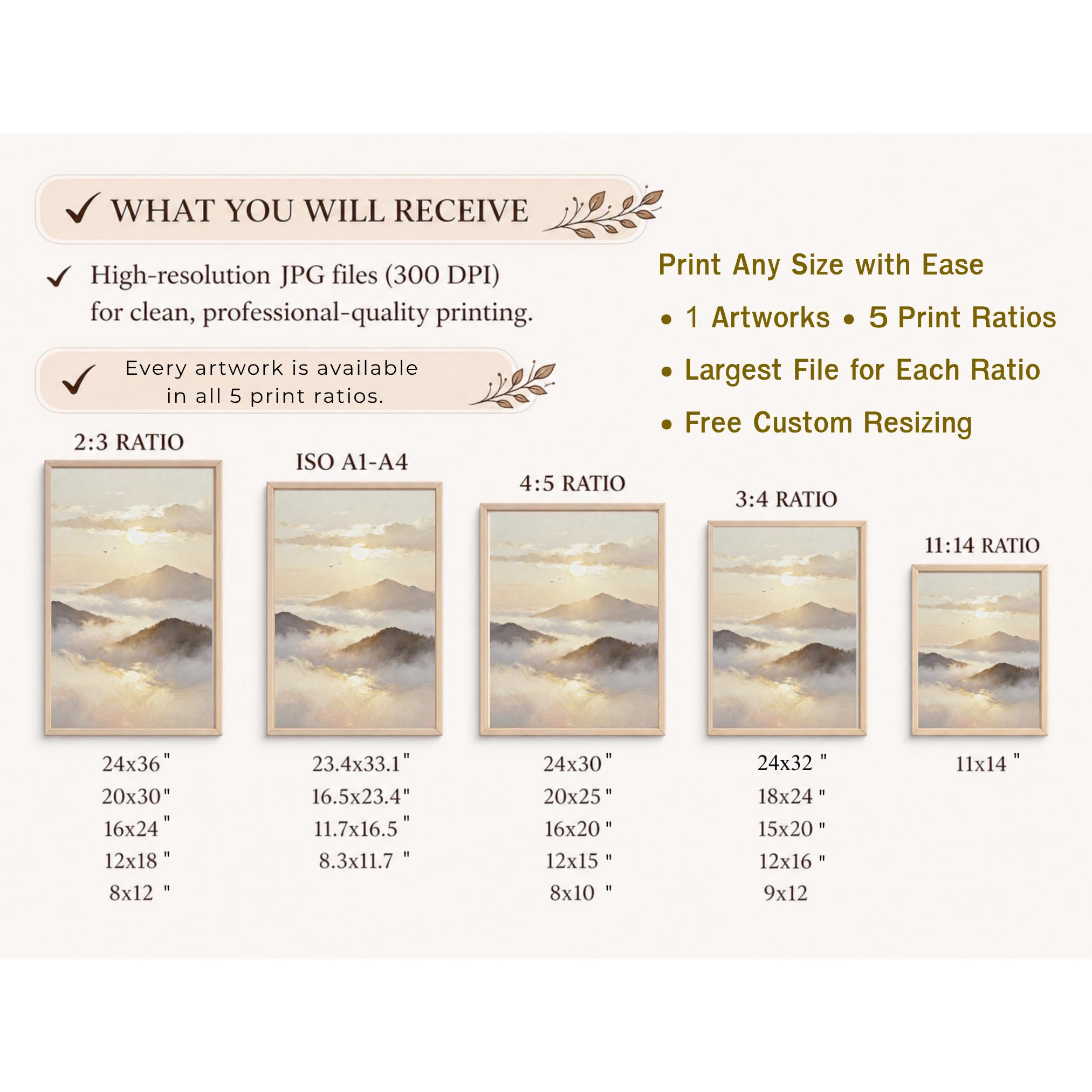 Sunset Mountain Printable Wall Art, Neutral Misty Landscape Painting, Serene Bedroom Decor Digital Download — image 9