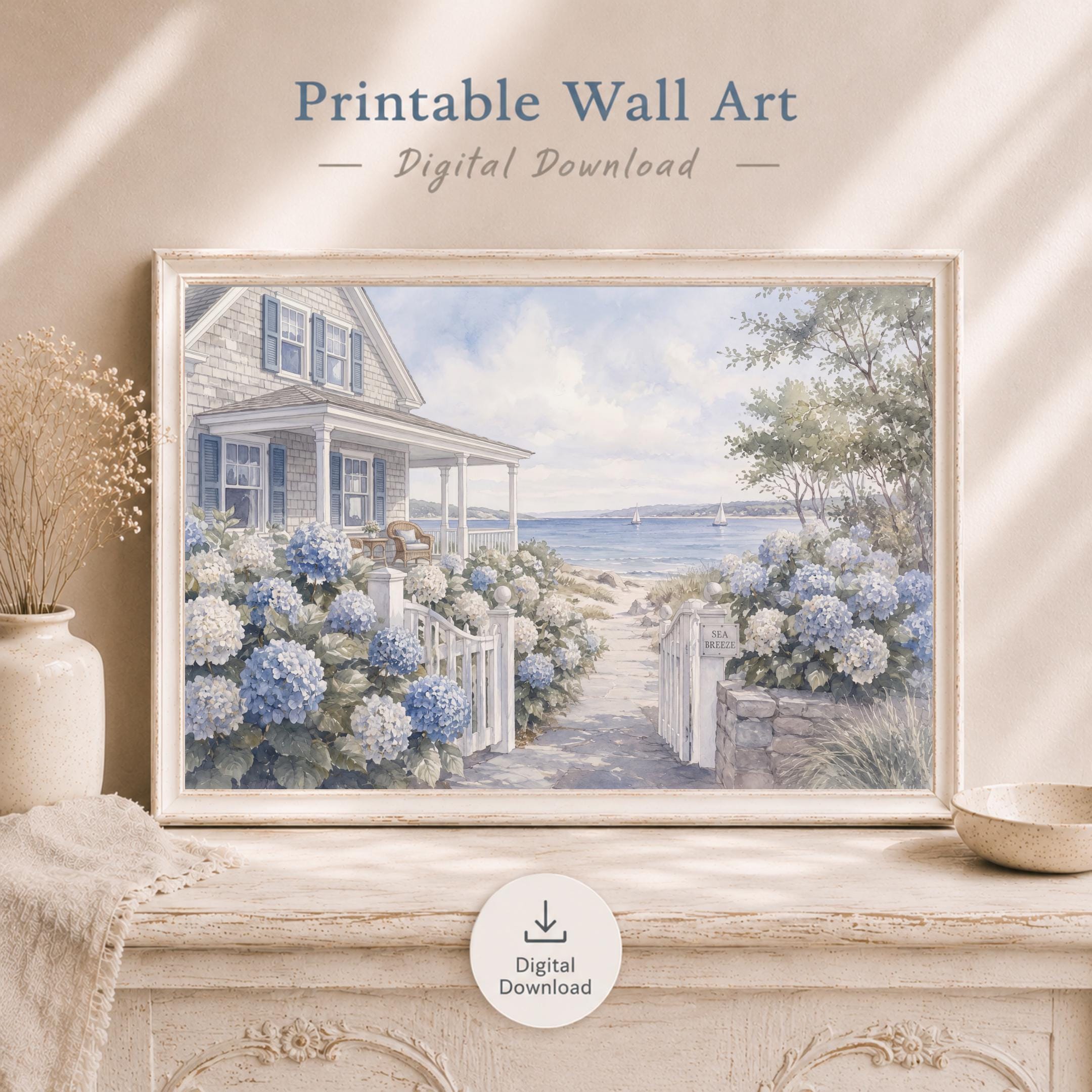 Coastal Beach House Wall Art, Hydrangea Cottage Print, Hamptons Style Seaside Decor (Digital Download) — image 6