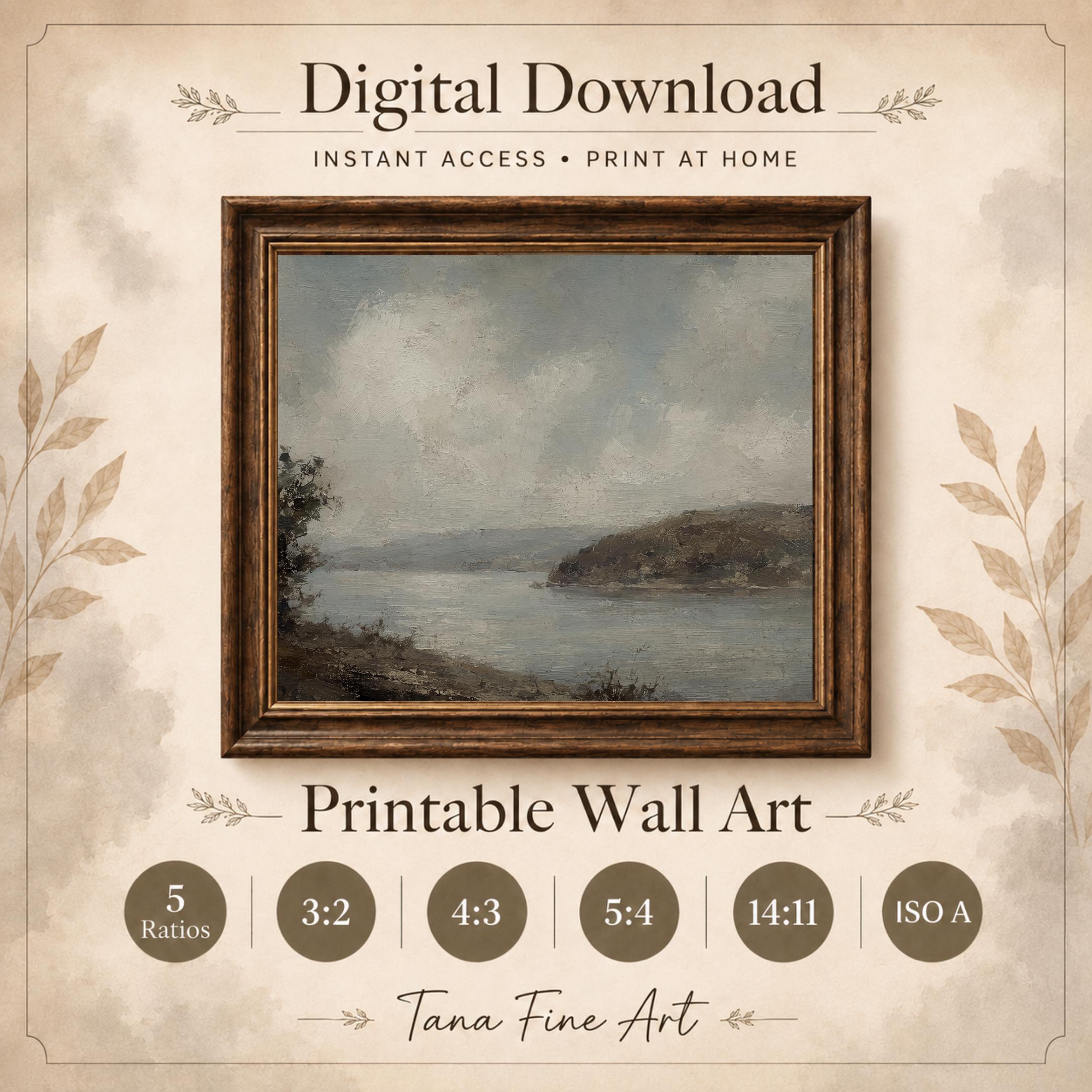 Vintage Lake Landscape Wall Art | Rustic Coastal Nature Print | Moody Painting Digital Download — image 7