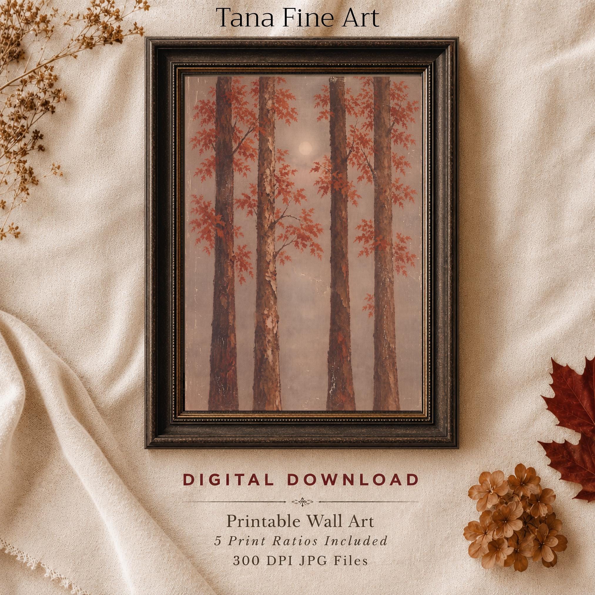 Autumn Forest Moon Printable Wall Art, Moody Fall Trees, Cottagecore Decor Digital Download