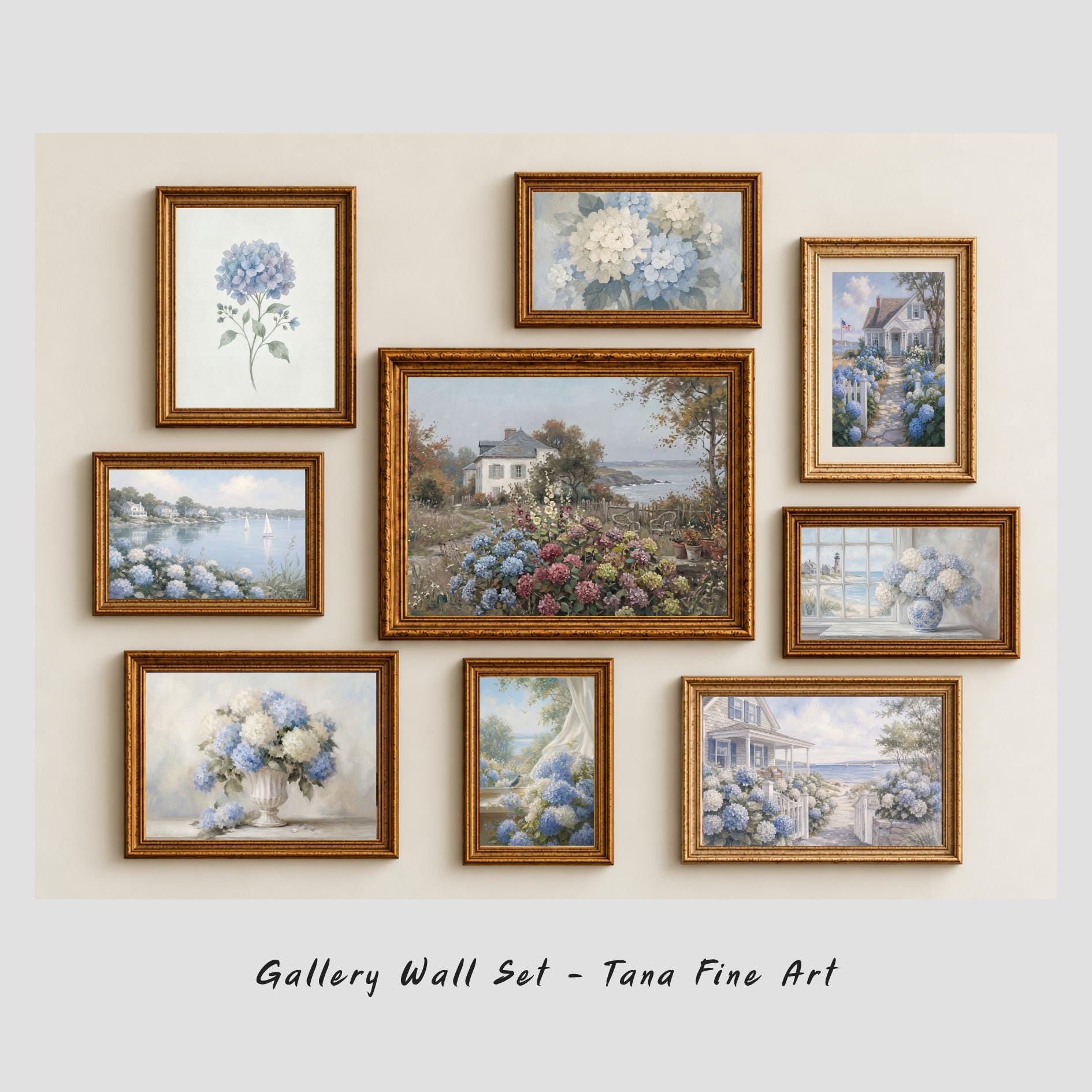 Coastal Hydrangea Gallery Wall Art Set, 9 Blue Cottage Printable Decor Prints Digital Download