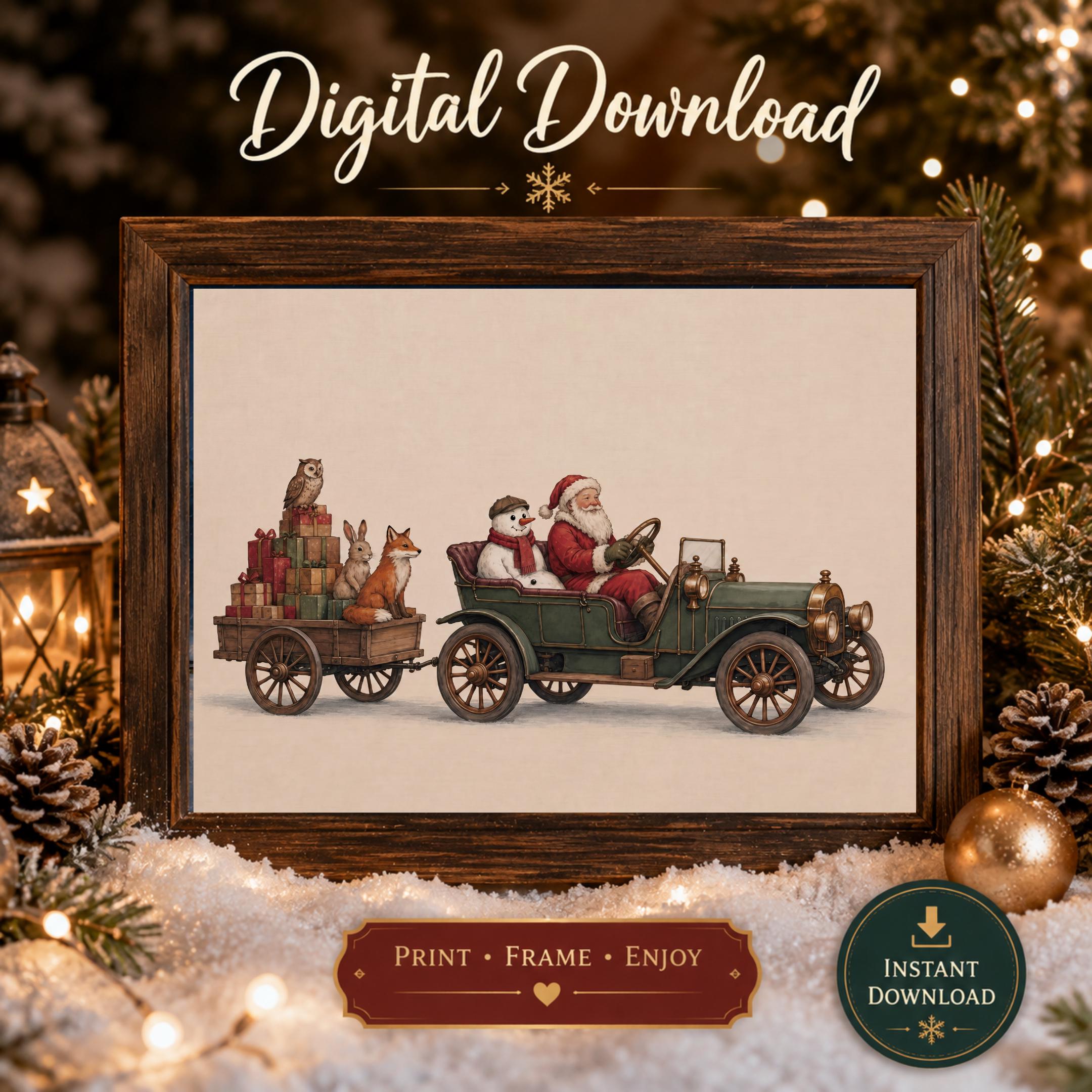Vintage Santa Car Wall Art | Christmas Animal Print | Holiday Decor Printable Digital Download