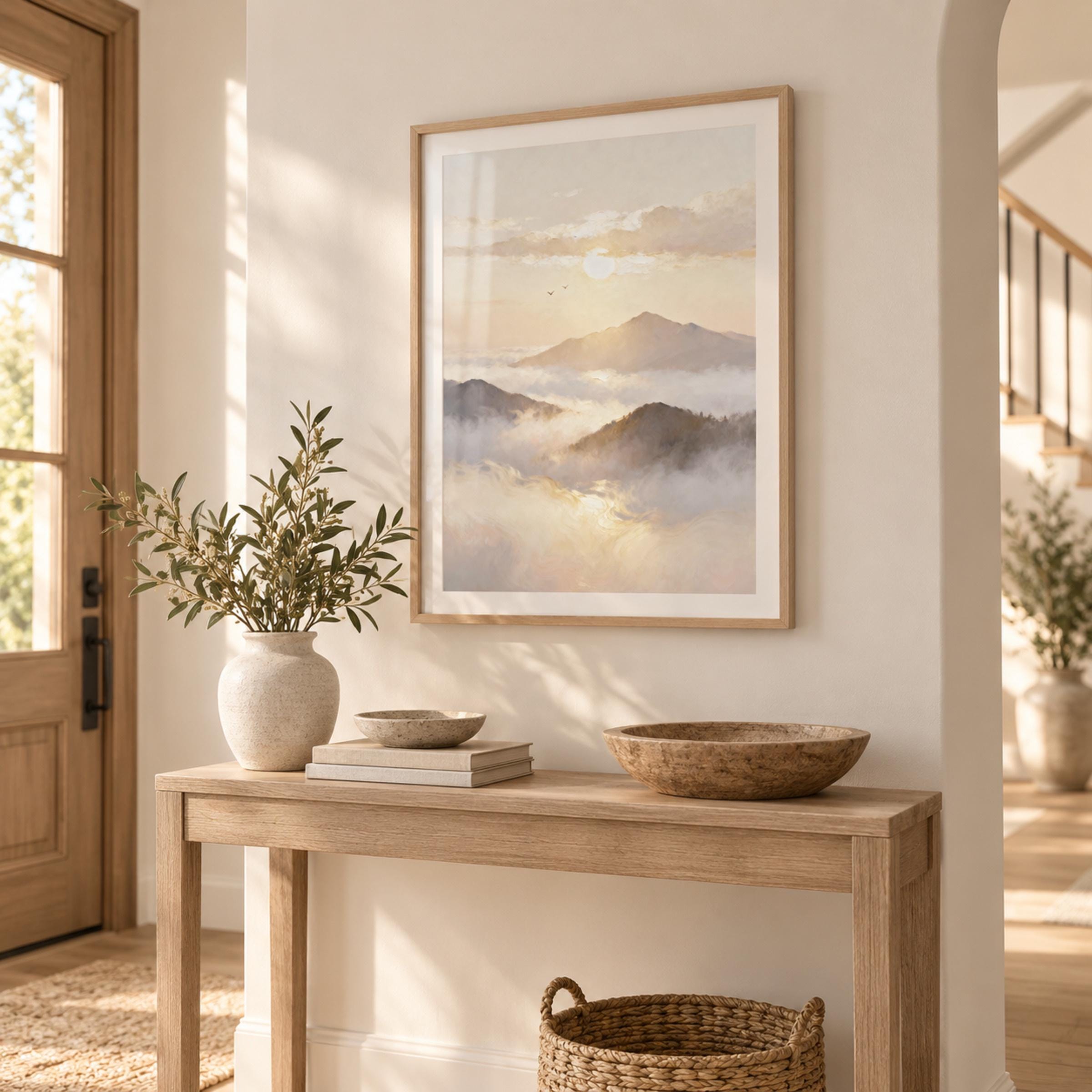Sunset Mountain Printable Wall Art, Neutral Misty Landscape Painting, Serene Bedroom Decor Digital Download — image 3