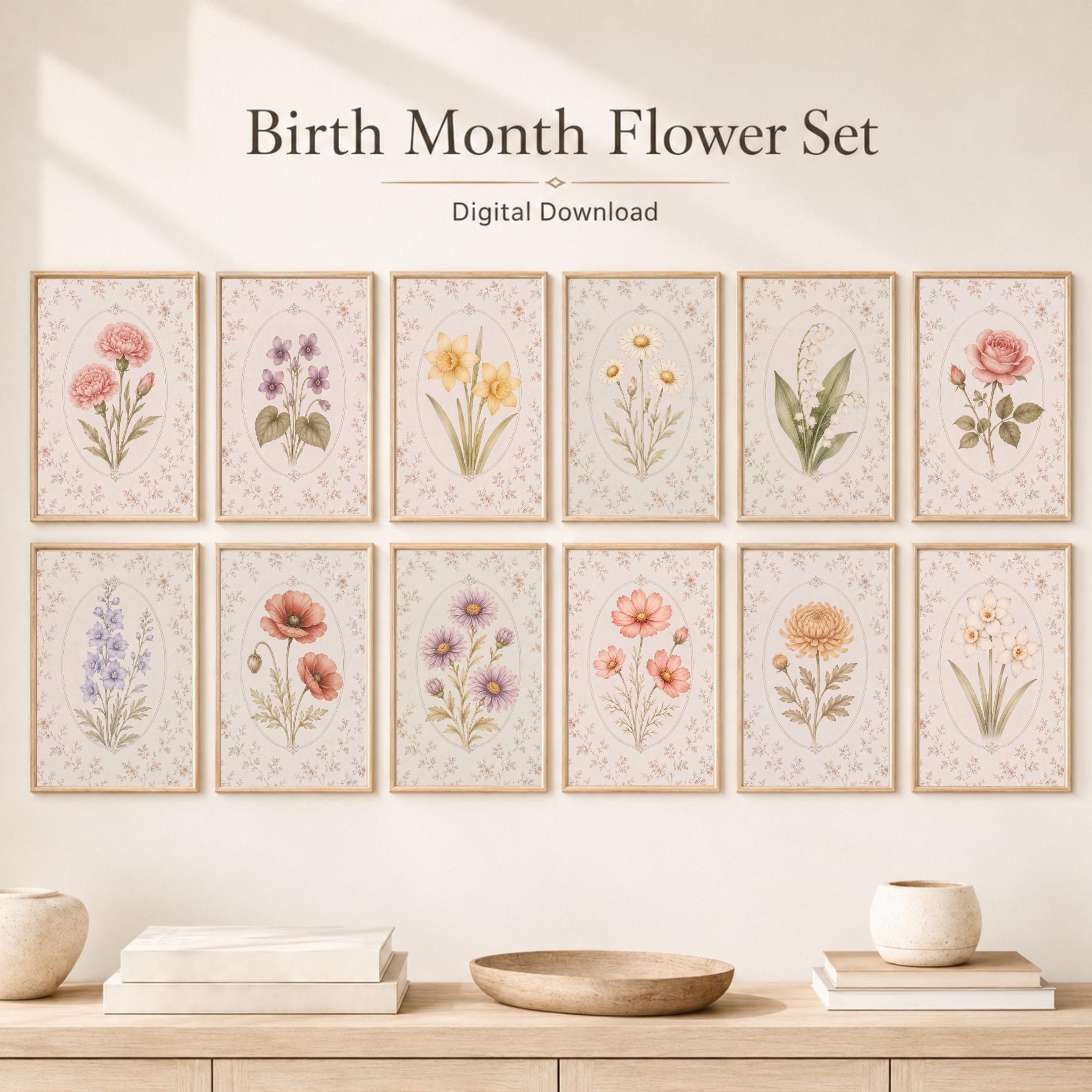 12 Month Birth Flower Wall Art Set | Vintage Floral Pattern Printable Art (Digital Download) — image 2