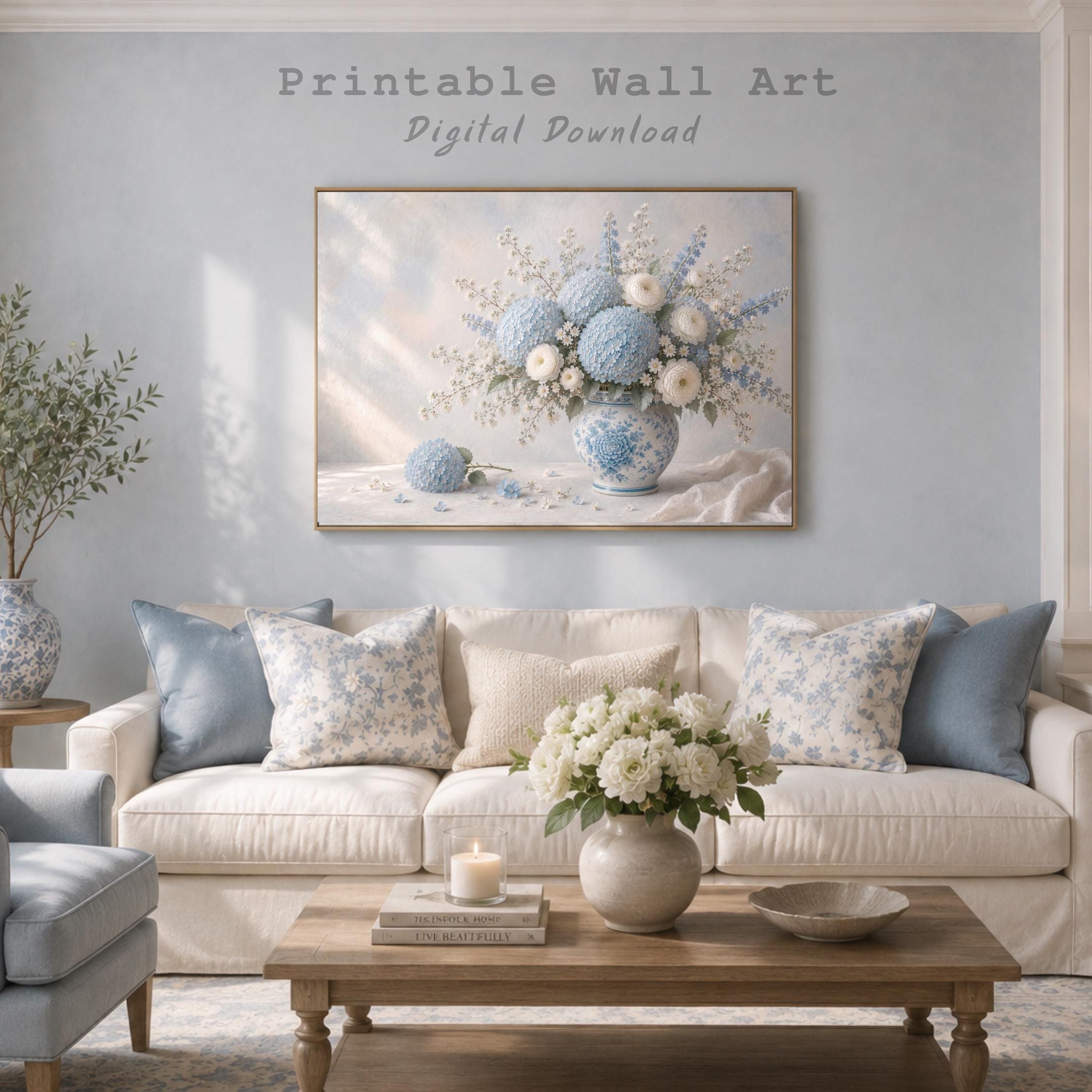 Blue Hydrangeas & Chinoiserie Vases — Set of 3 — image 4