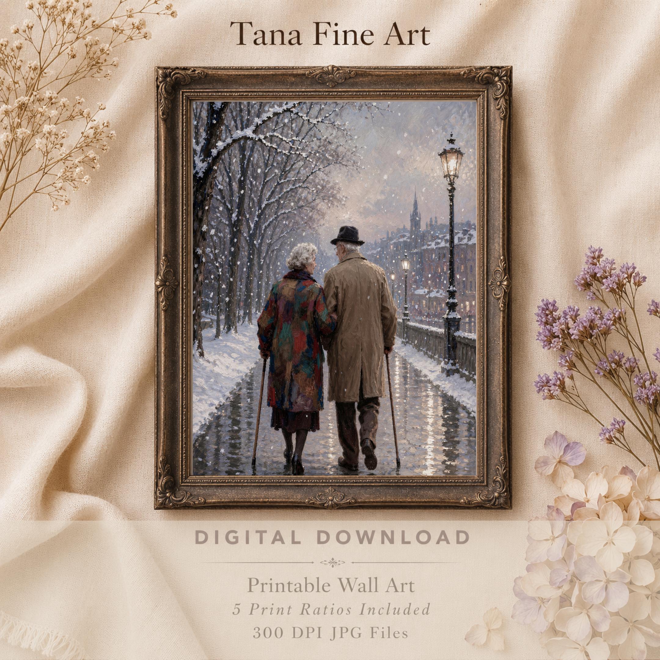 Elderly Couple Wall Art | Winter Love Print | Romantic City Printable Digital Download