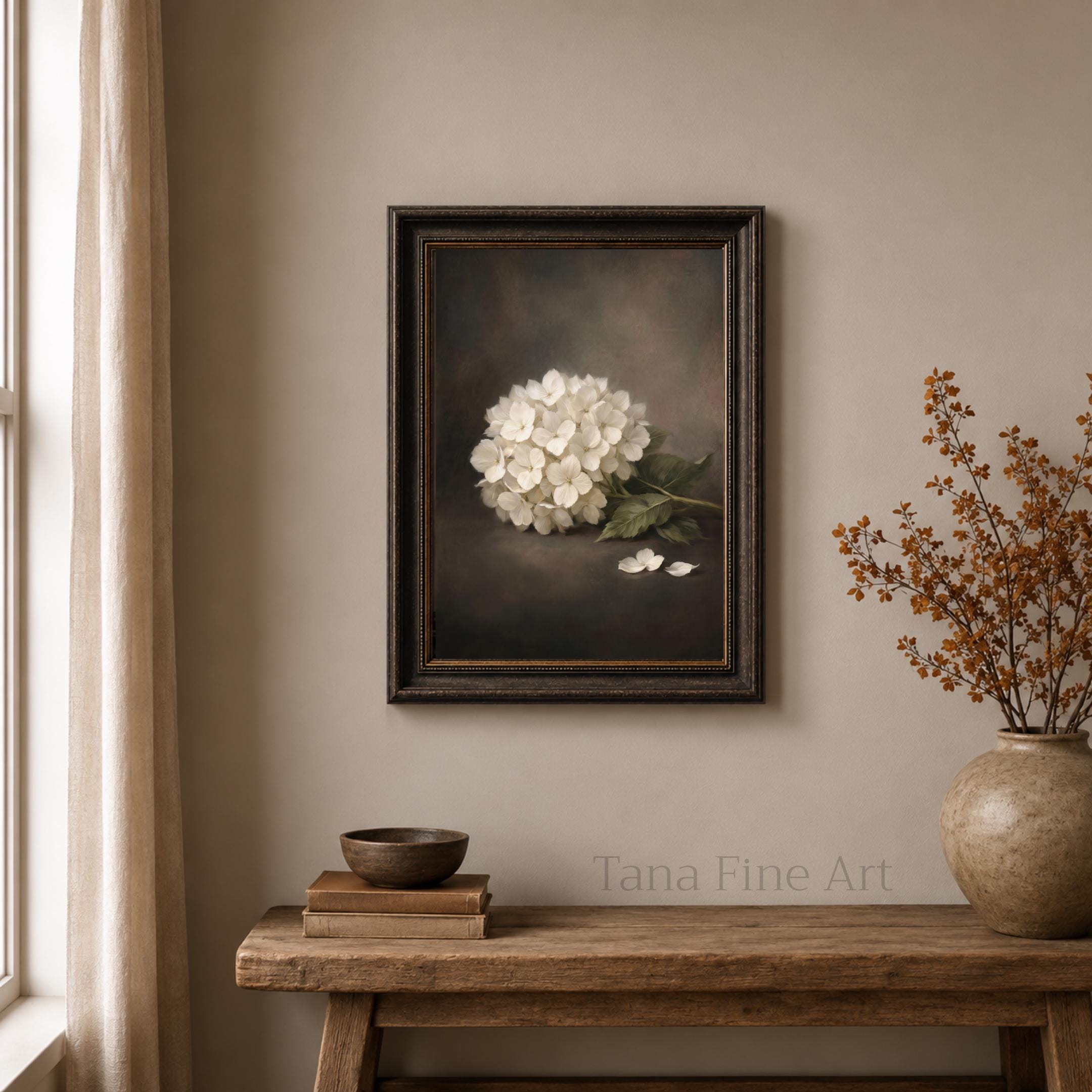 White Hydrangea Still Life Wall Art, Moody Floral Prints, Antique Floral Decor (Digital Download) — image 3