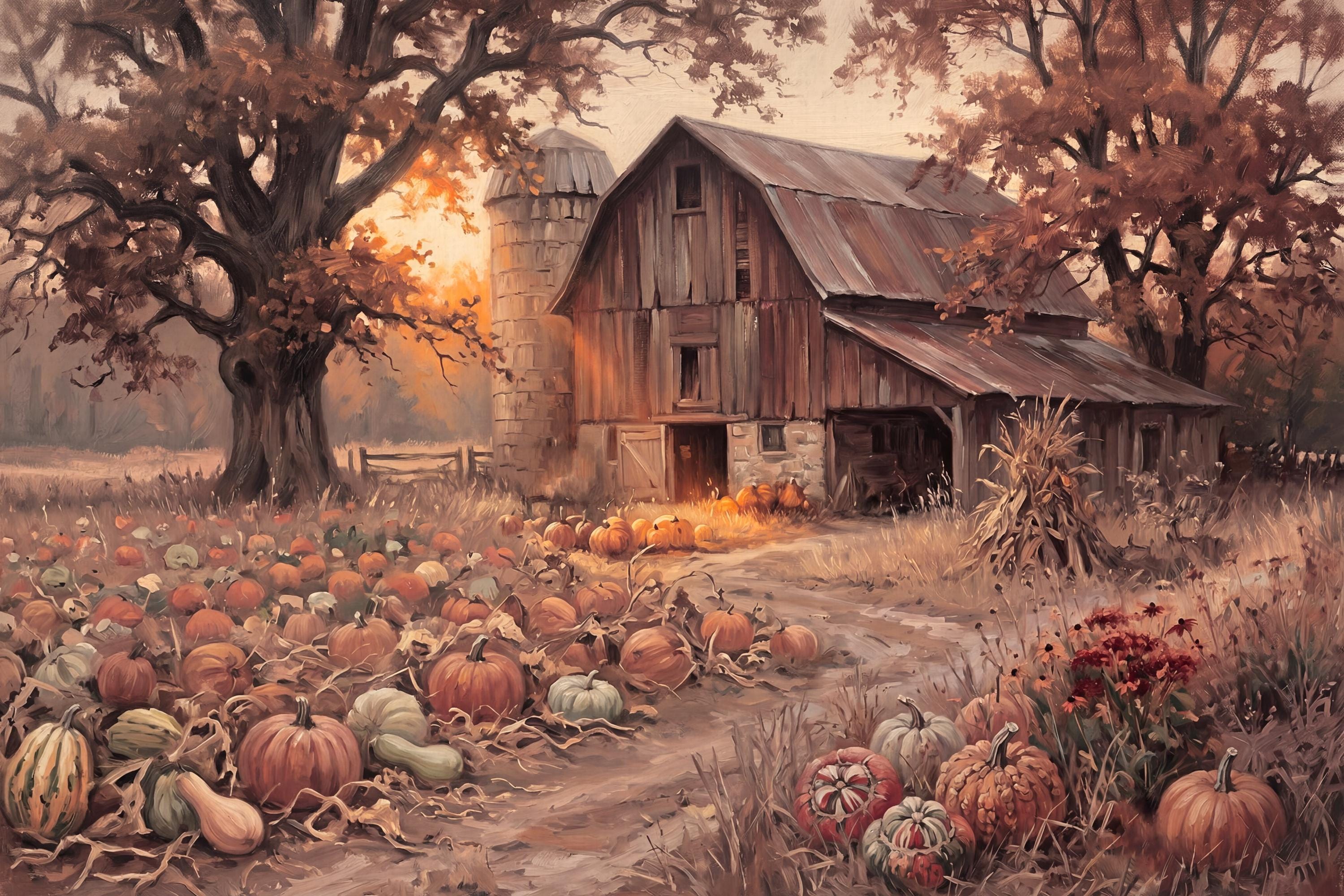 Fall Barn Printable Wall Art | Autumn Pumpkin Farmhouse Landscape | Rustic Decor Digital Download Print — image 2