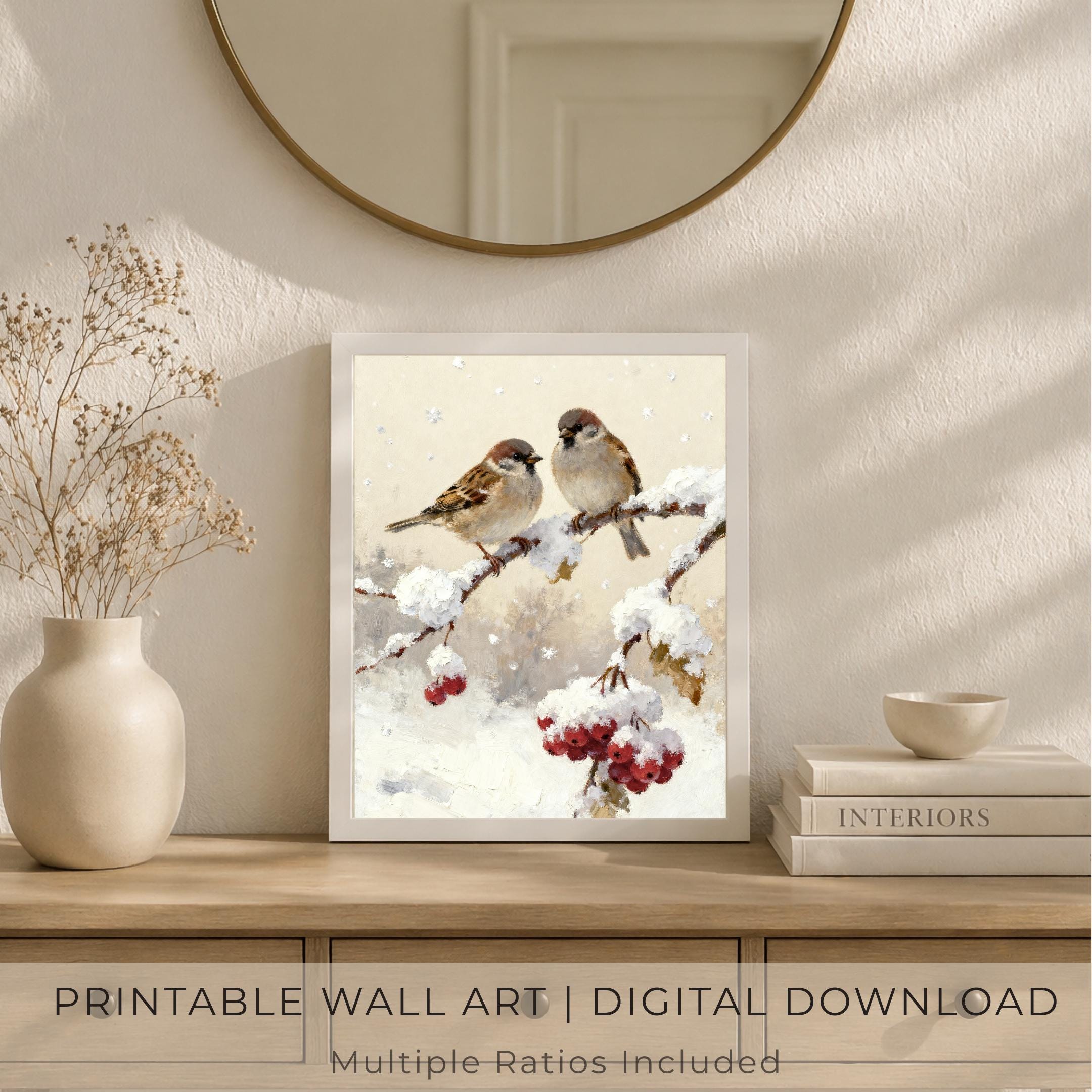Winter Bird Wall Art Printable | Cozy Sparrows Snowy Branch (Digital Download) — image 3