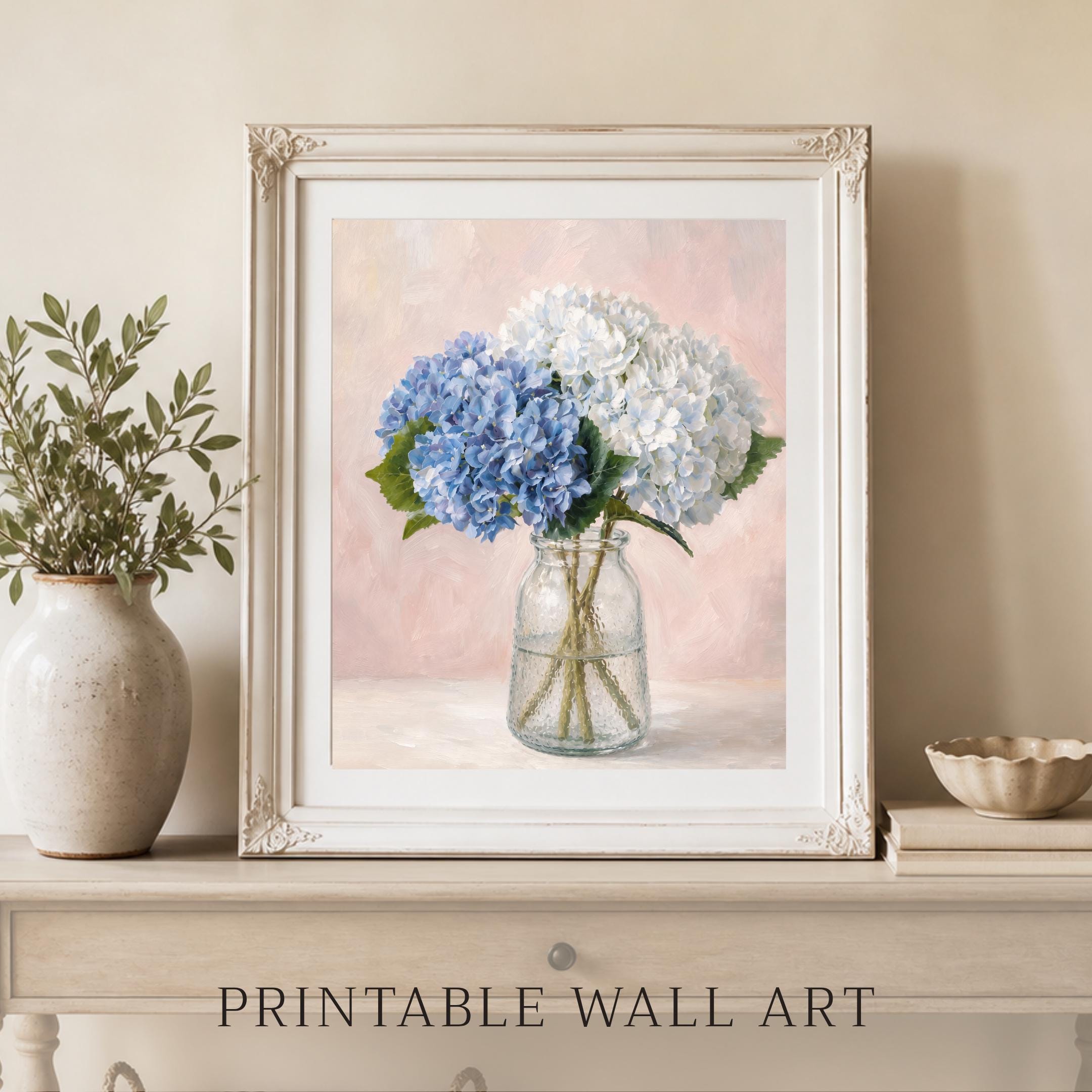 Blue Hydrangea Floral Vase, Neutral Floral Prints, Soft Pink Cottage Wall Art (Digital Download) — image 8