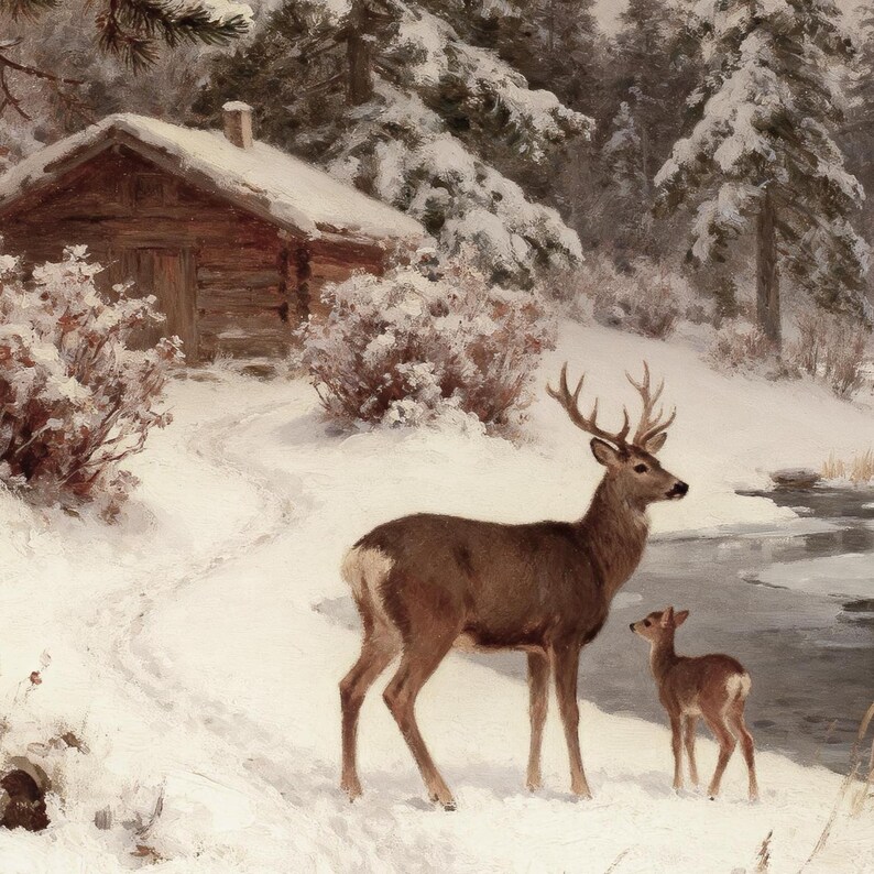 Deer Family Cabin Wall Art – Peaceful Wildlife Landscape | Cozy Forest ...