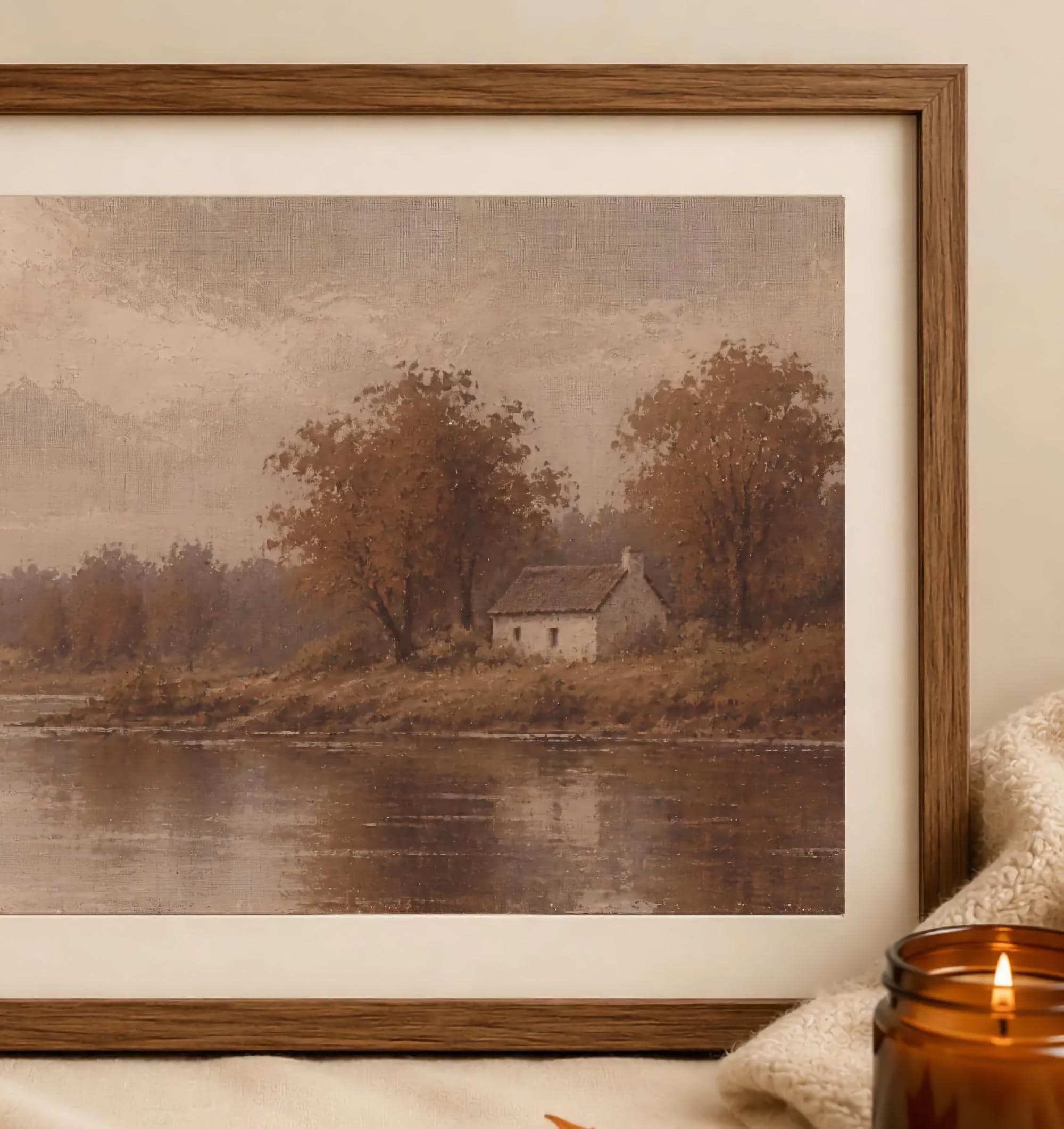 Autumn Cottage Lake Printable Wall Art, Moody Brown Landscape, Rustic Decor Digital Download — image 2