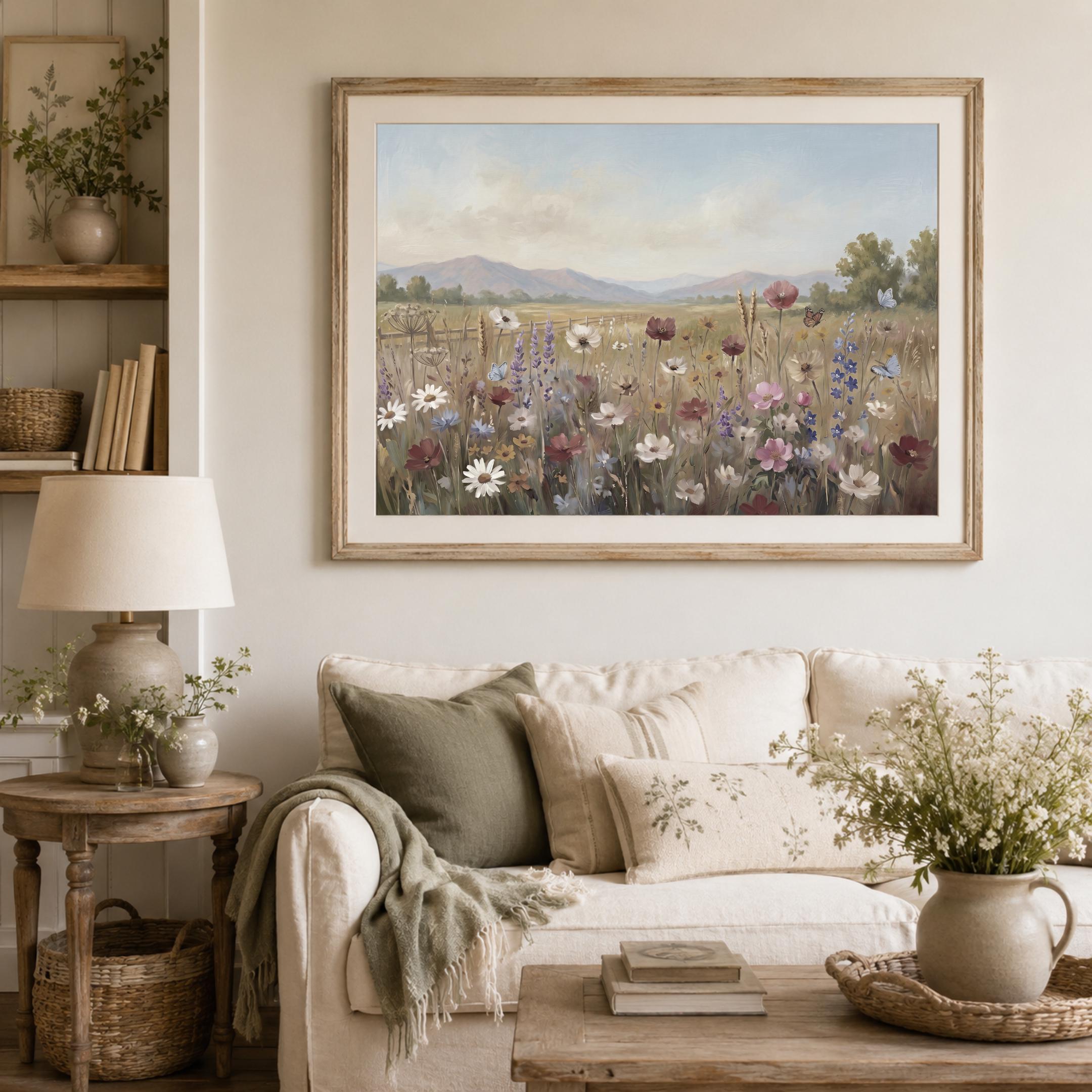 Floral Landscape Print, Cottage Meadow Wall Art, Summer Wildflower and Butterfly Print (Digital Download) — image 5