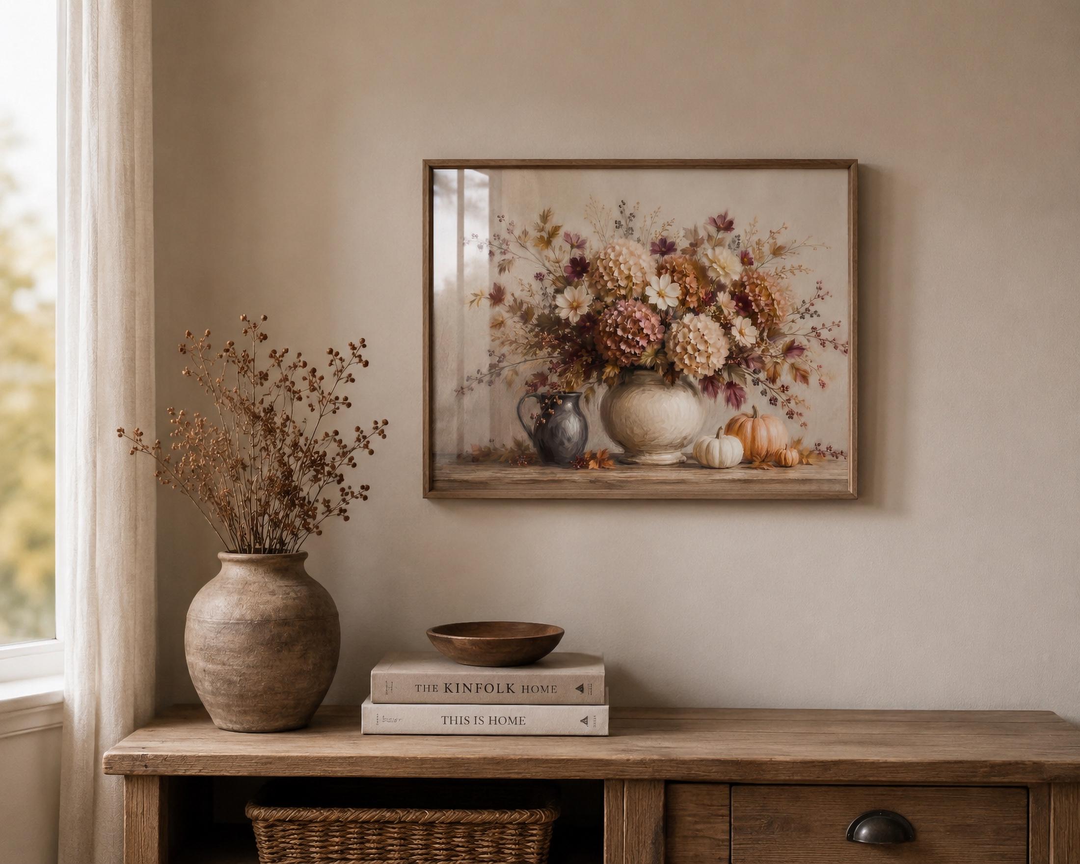 Fall Floral Centerpiece Wall Art, Pumpkin Hydrangea Still Life Print, Thanksgiving Decor (Digital Download) — image 2