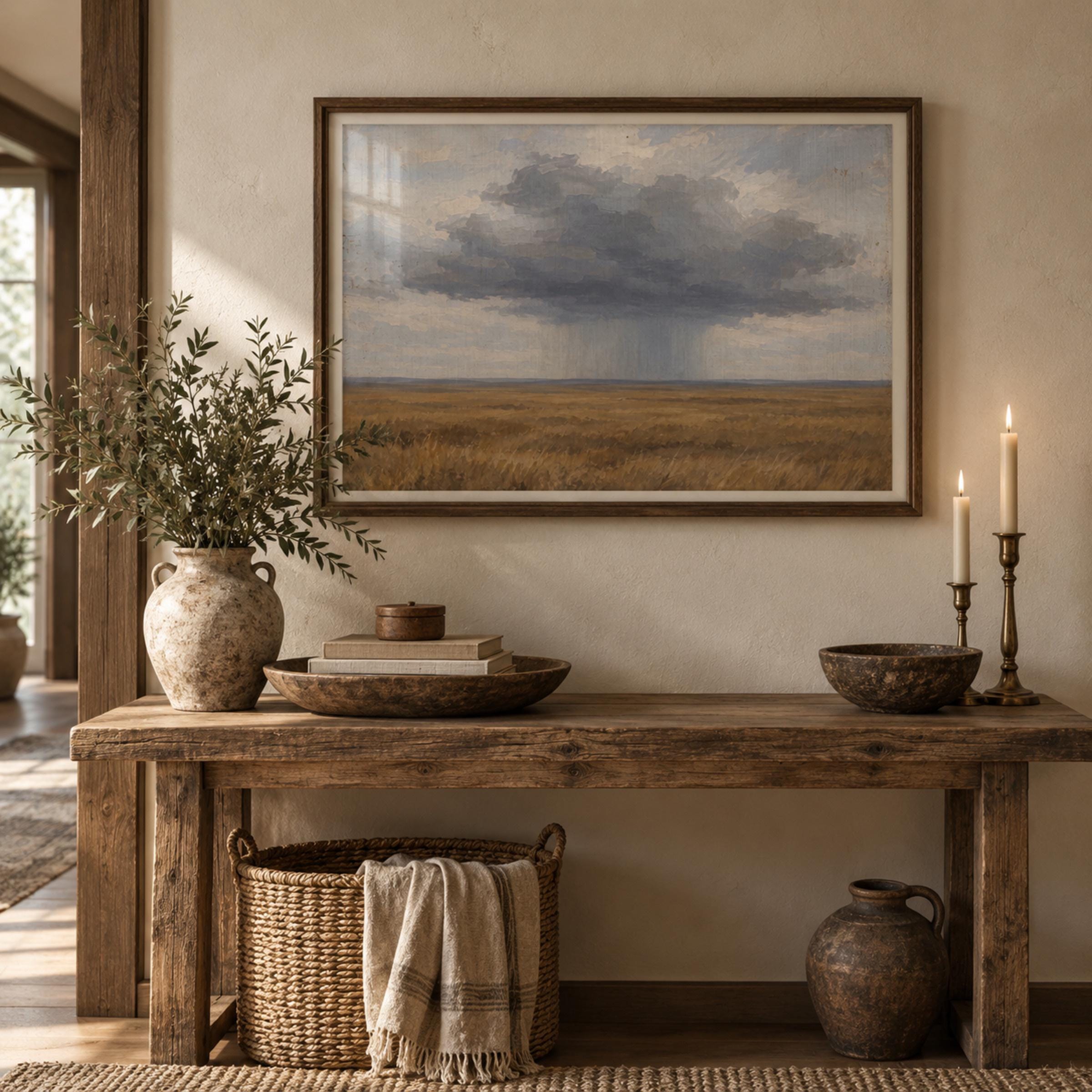 Moody Storm Cloud Landscape Art, Rustic Prairie Painting, Neutral Farmhouse Wall Decor Digital Download — image 3