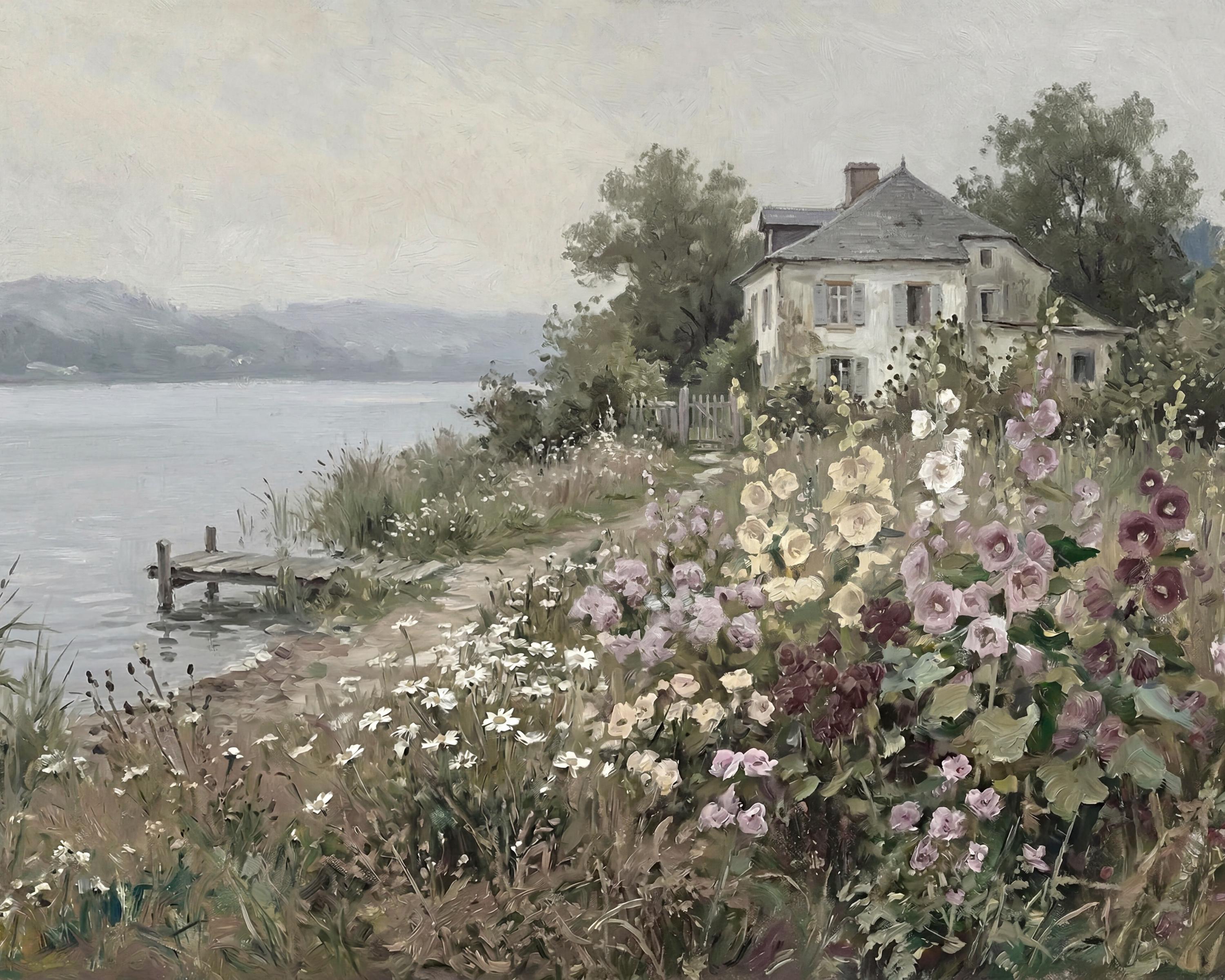 Vintage Cottage English Garden Wall Art, Lakeside Floral Landscape Print, Farmhouse Decor (Digital Download) — image 2