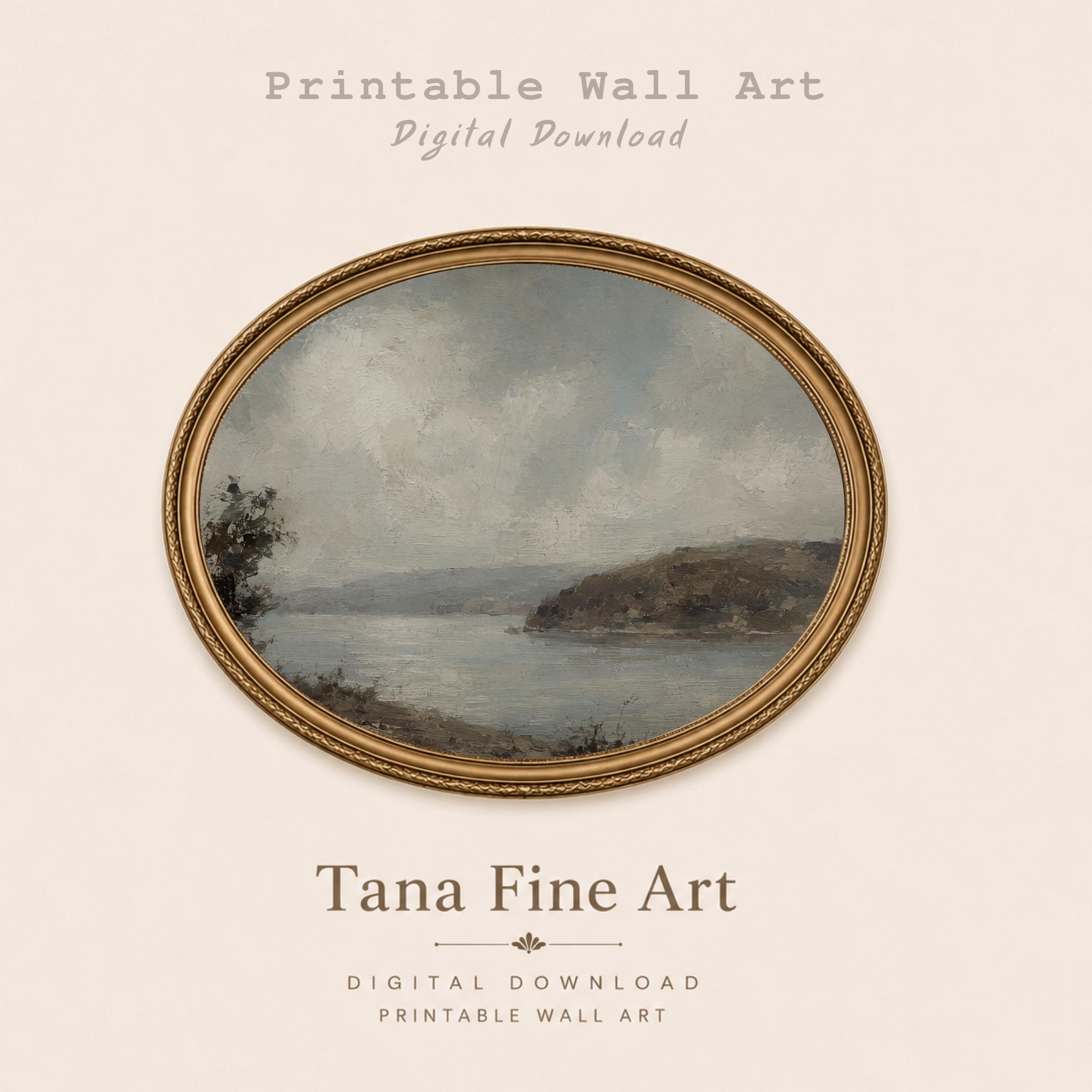 Vintage Lake Landscape Wall Art | Rustic Coastal Nature Print | Moody Painting Digital Download — image 5