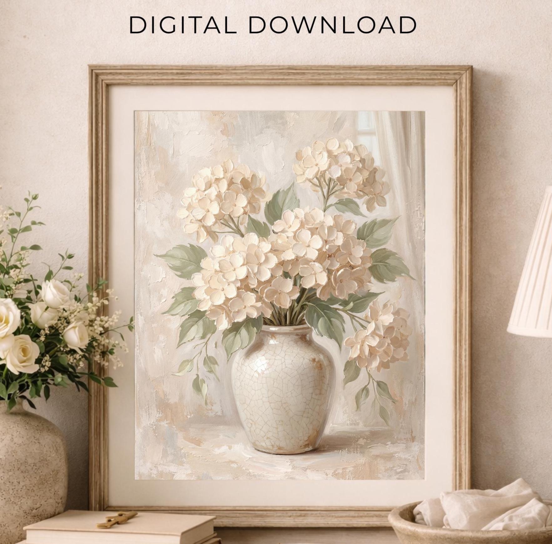 Neutral Floral Prints | White Hydrangea Printable Wall Art | Floral Vase Print (Digital Download)