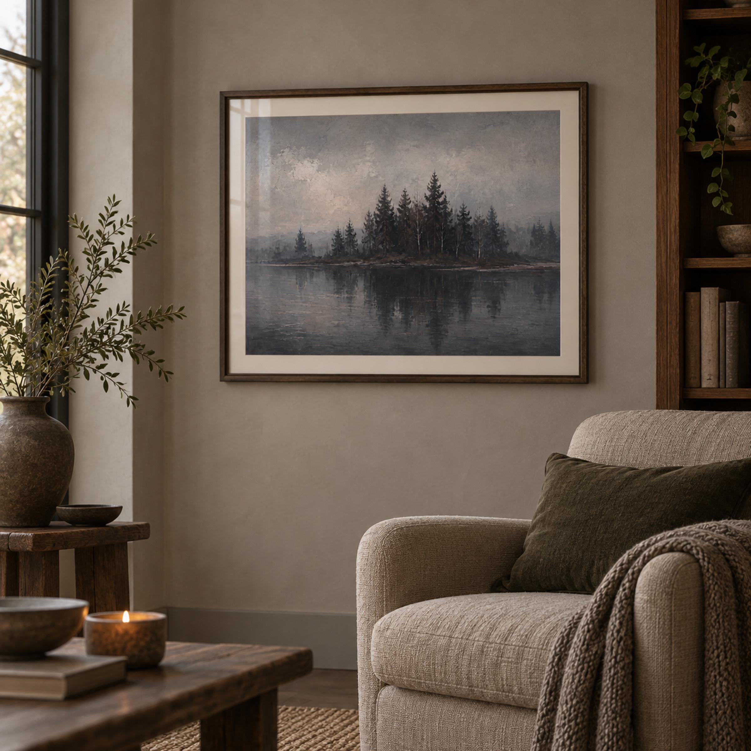 Moody Forest Lake Printable Wall Art, Vintage Woodland Landscape, Dark Academia Rustic Cabin Decor — image 4