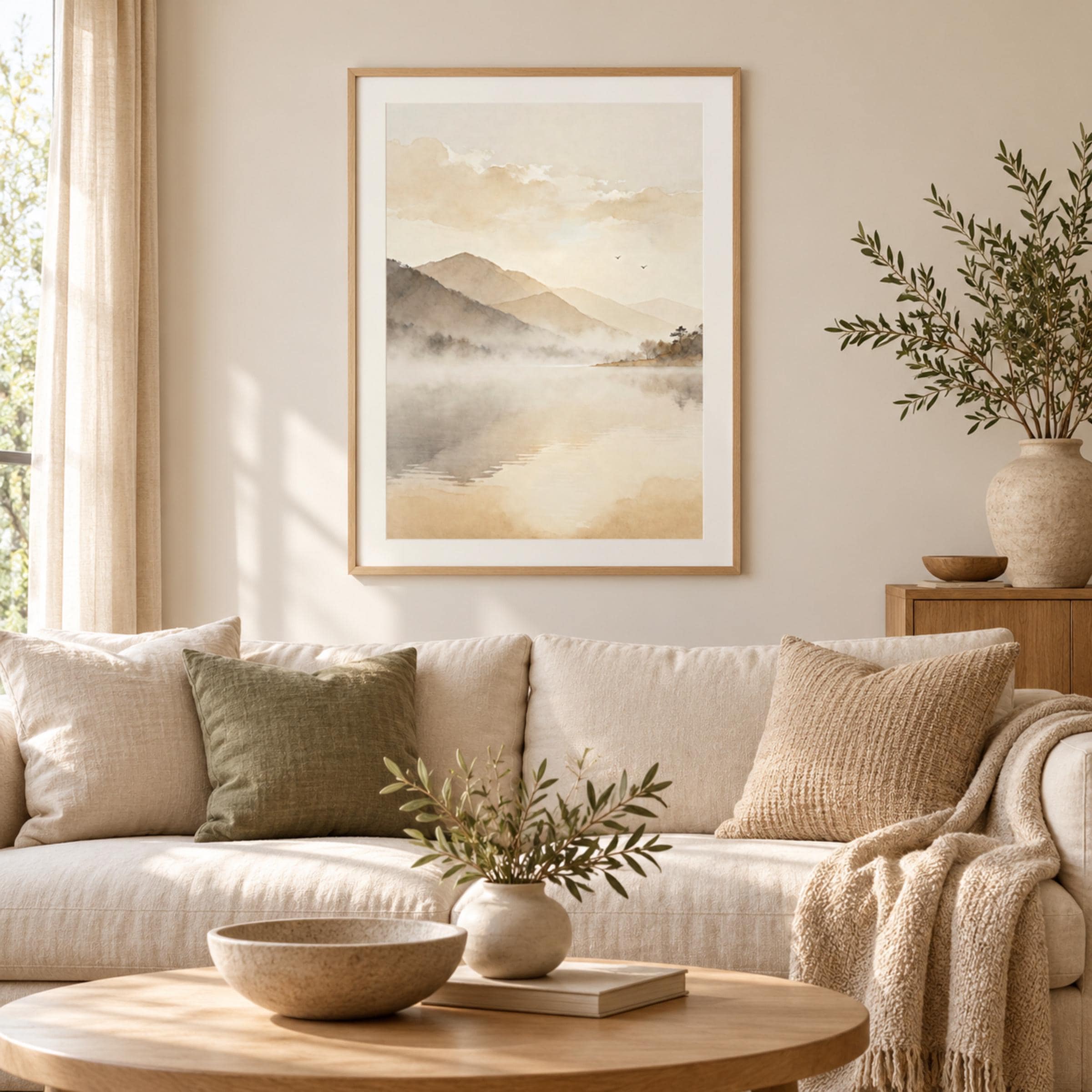 Neutral Misty Mountain Lake Printable Wall Art, Minimal Landscape Serene Bedroom Decor Digital Download — image 3