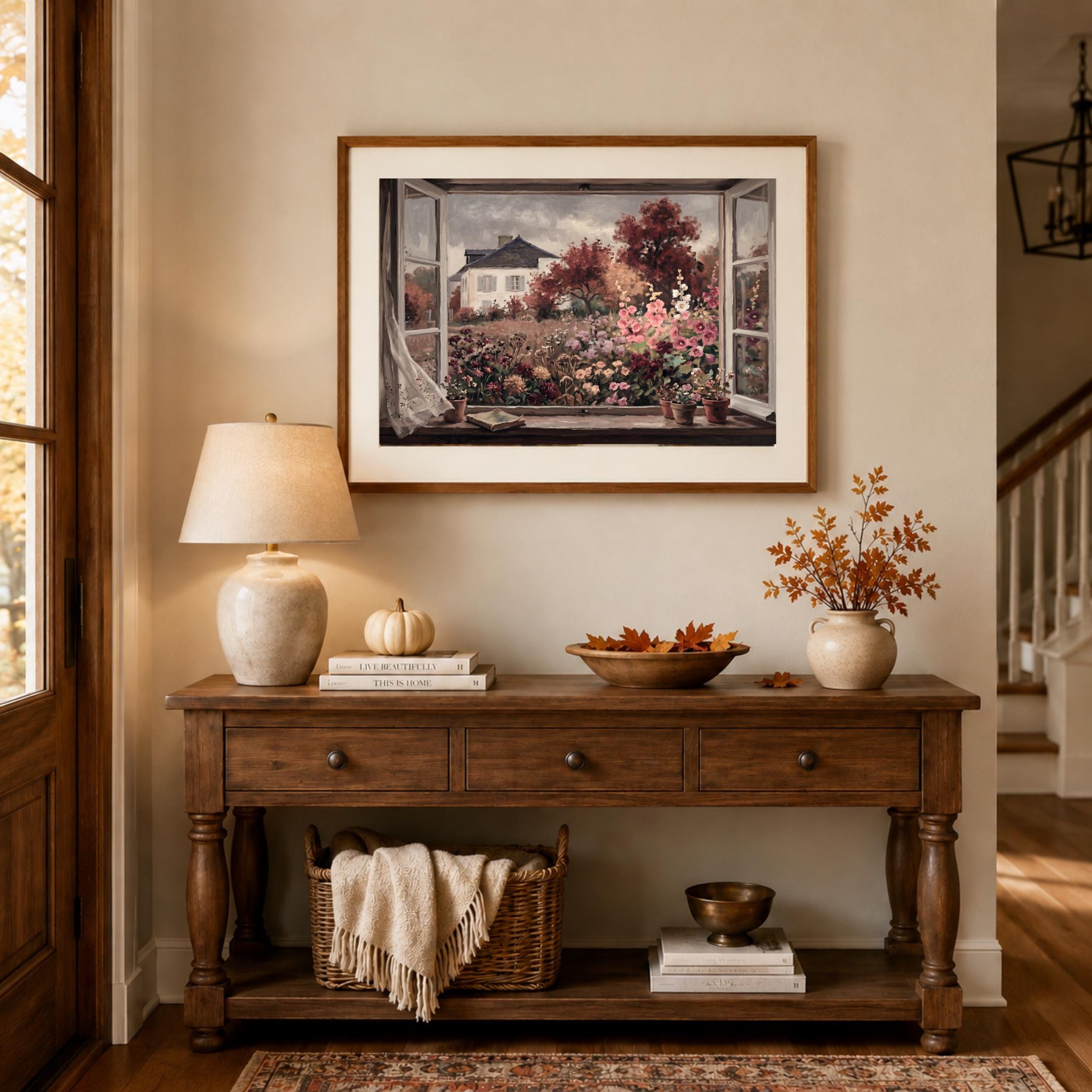 Autumn Cottage Window Wall Art, Moody Floral Garden Landscape, Rustic Fall Decor (Digital Download) — image 3