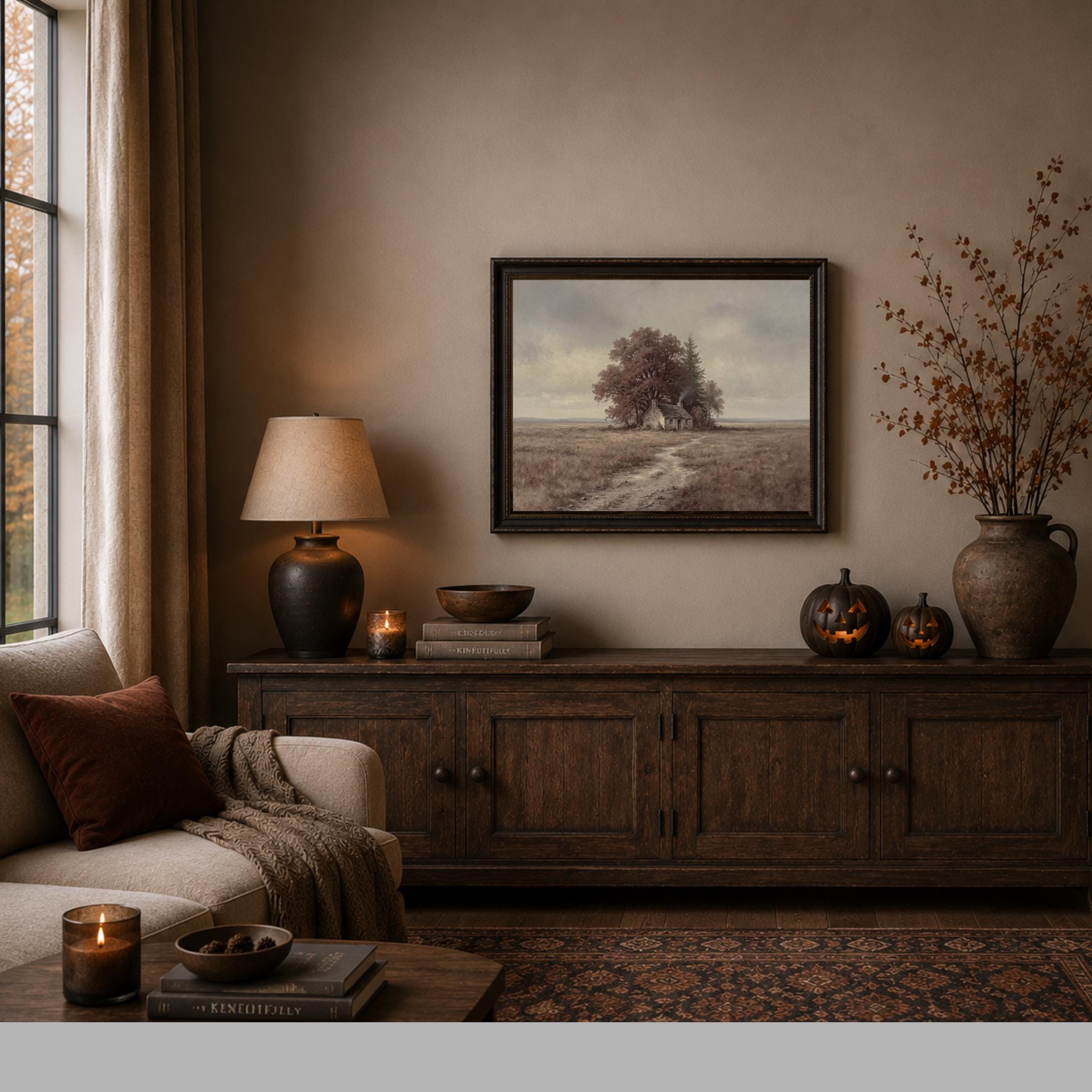 Moody Autumn Cottage Wall Art, Rustic Farmhouse Landscape Print (Fall Digital Download) — image 3
