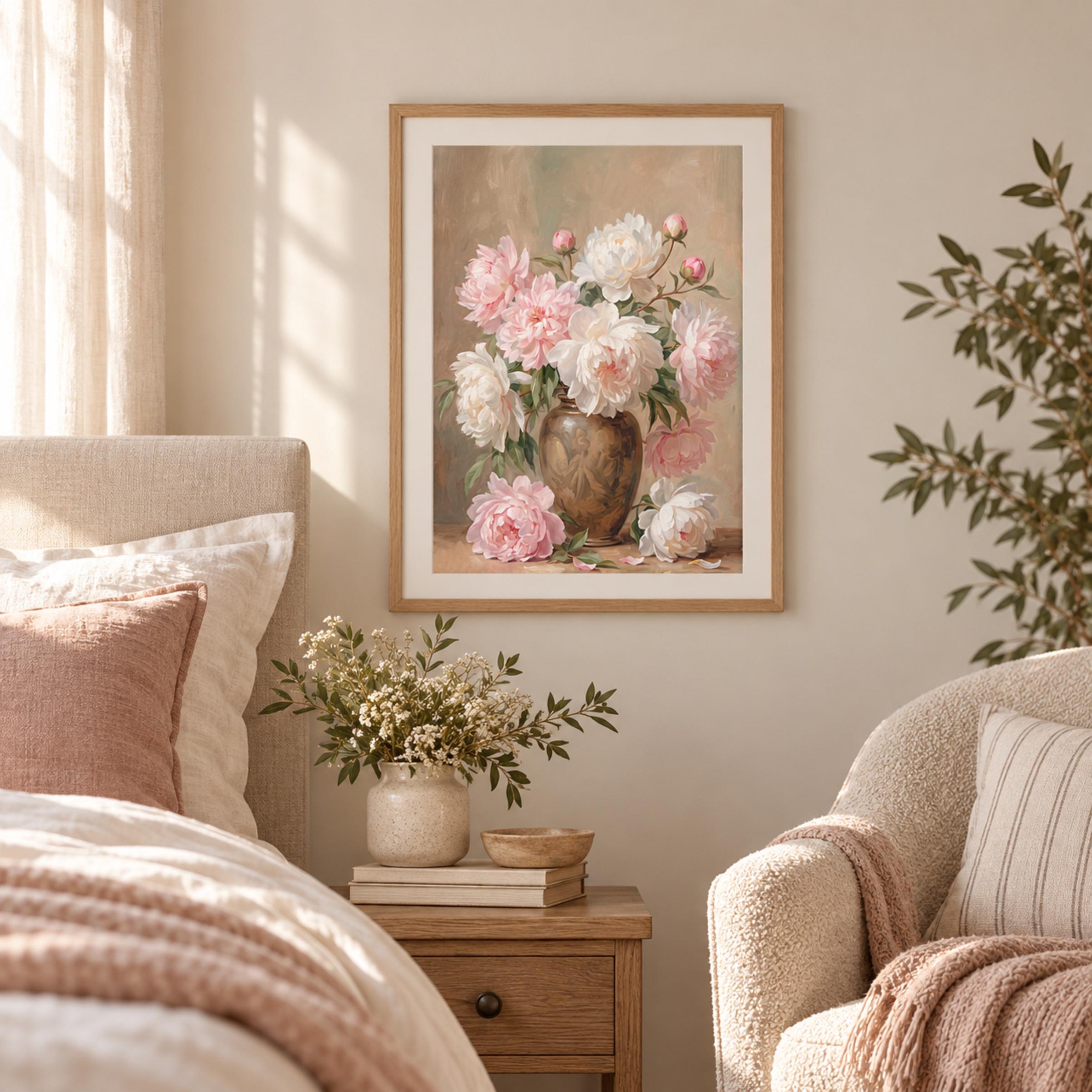 Pink White Peony Vase Printable Wall Art, Vintage Floral Cottage Home Decor Digital Download — image 3