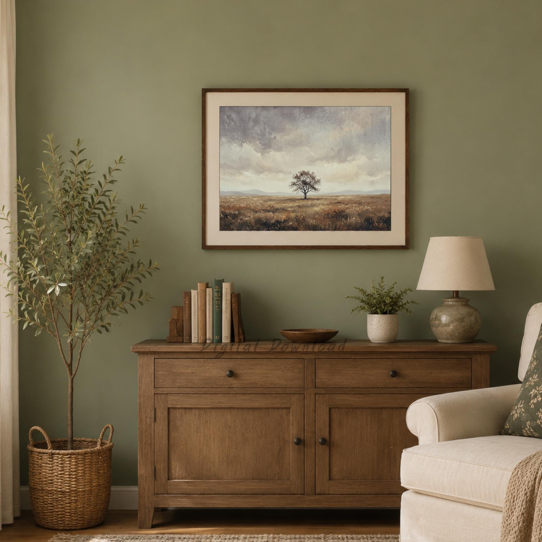 Solitary Tree Printable Wall Art, Vintage Meadow Landscape, Neutral Earthy Rustic Farmhouse Digital Download — image 6