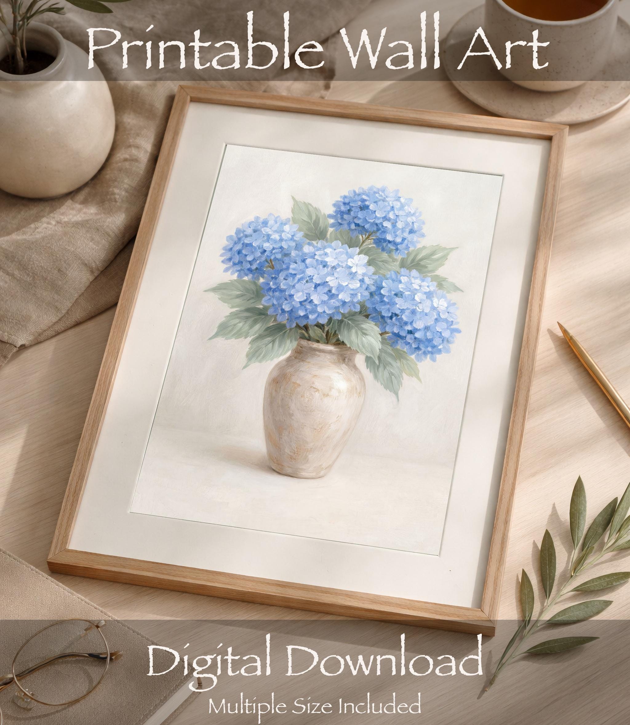 Neutral Blue Hydrangea BathRoom Wall Art | Floral Vase Art Printable (Digital Download) — image 2