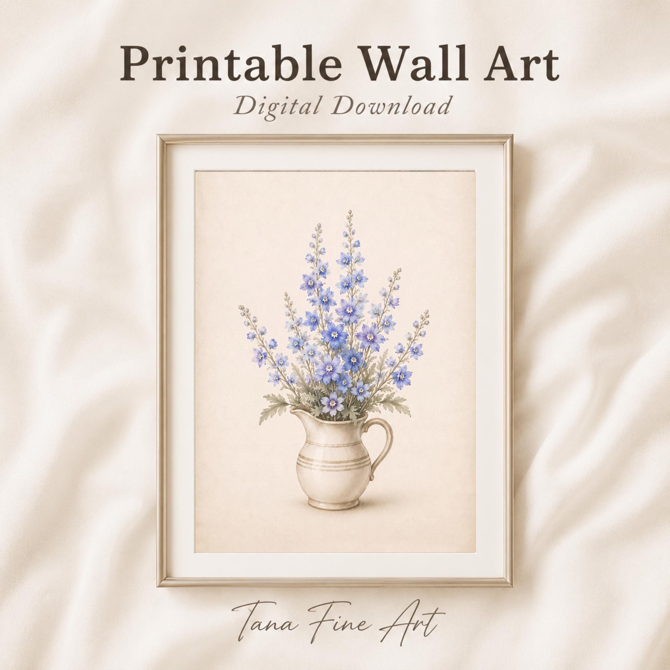 July Birth Flower Art Print | Larkspur Printable Art | Blue Floral Pitcher Digital Download