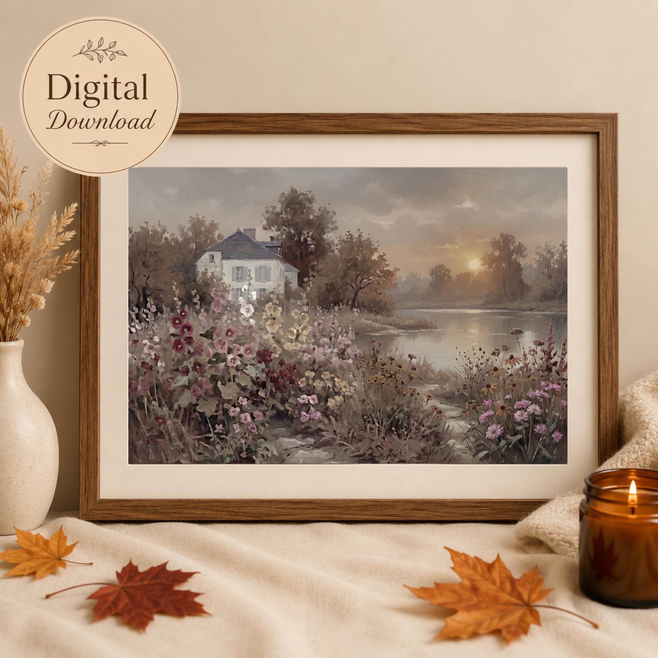 Moody Country Cottage Garden Wall Art, Lake Landscape Print, Vintage Farmhouse Decor (Digital Download) — image 6